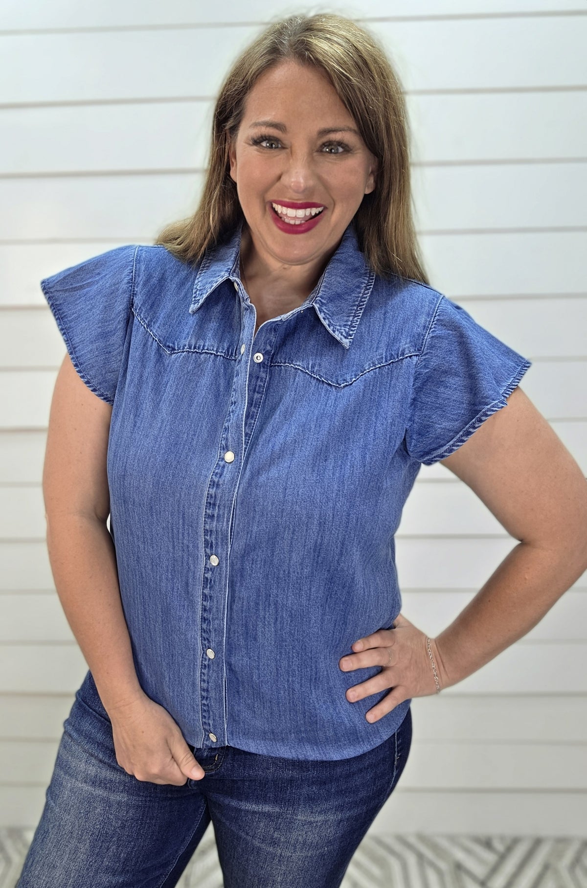 DENIM SHORT SLEEVE BUTTON DOWN RUFFLE SLEEVE TOP