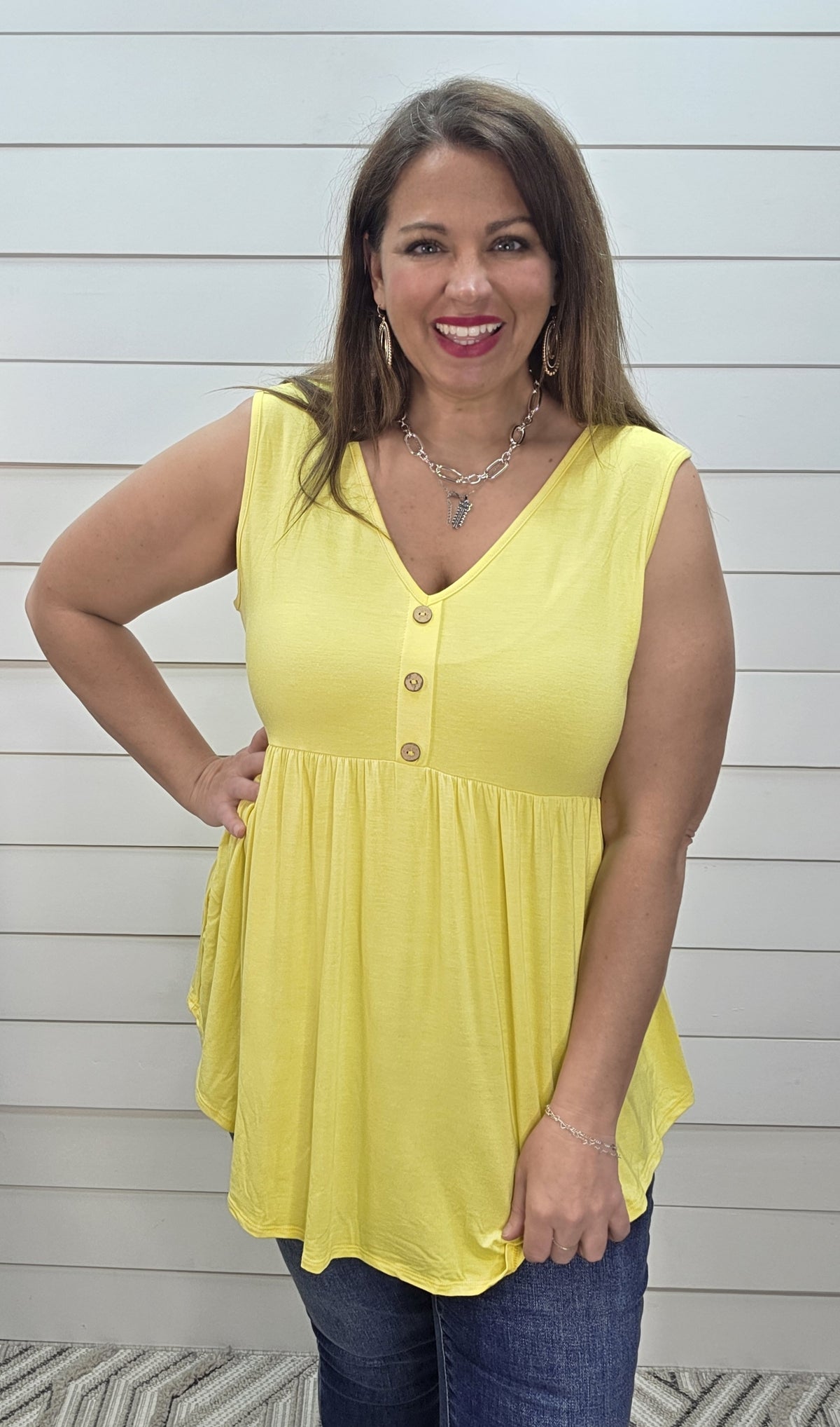 YELLOW BABYDOLL FAUX BUTTON KNIT TANK