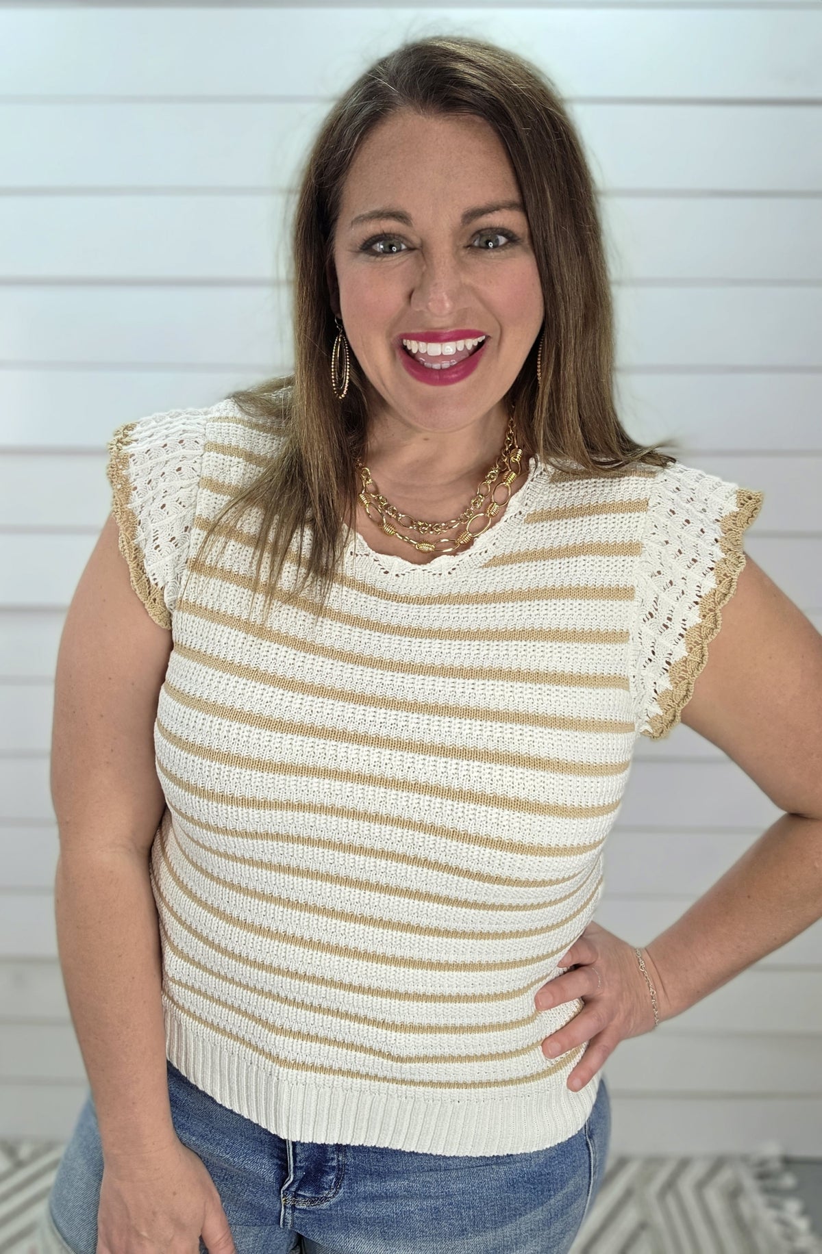 TAUPE/CREAM STRIPED SLEEVELESS SWEATER TOP W/ RUFFLE SLEEVE