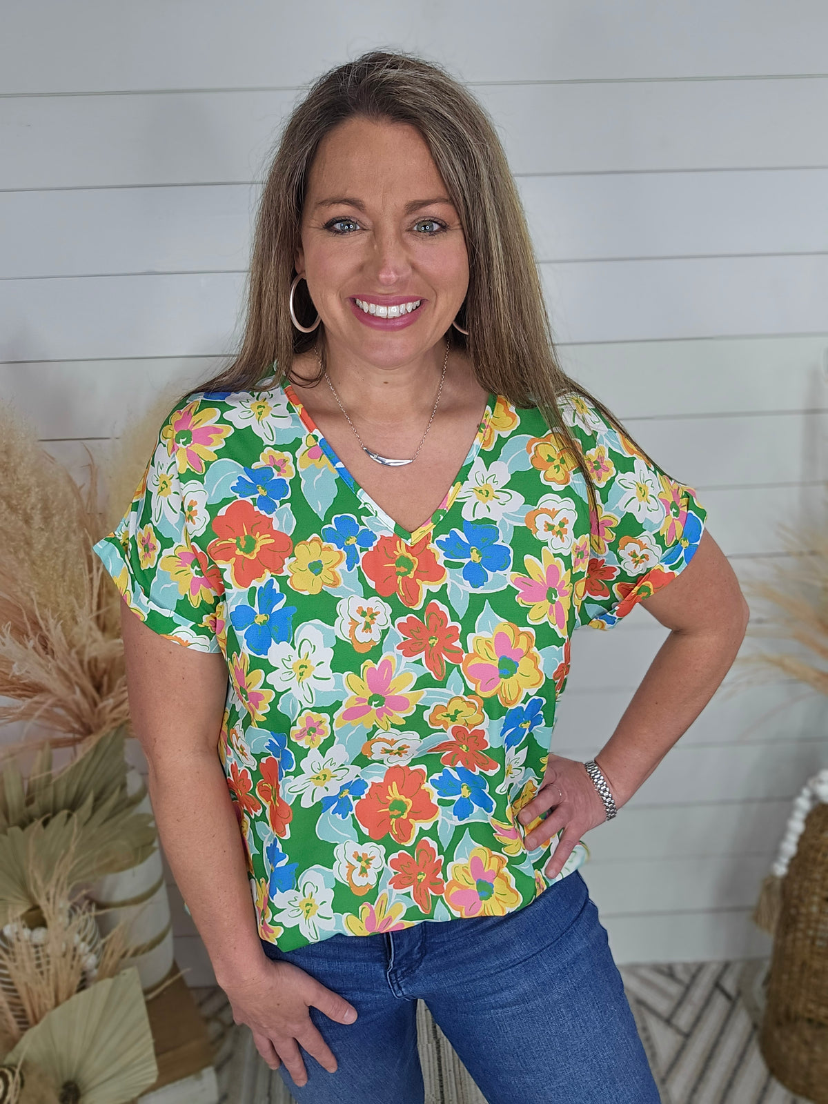 KELLY GREEN FLORAL V NECK WOVEN TOP