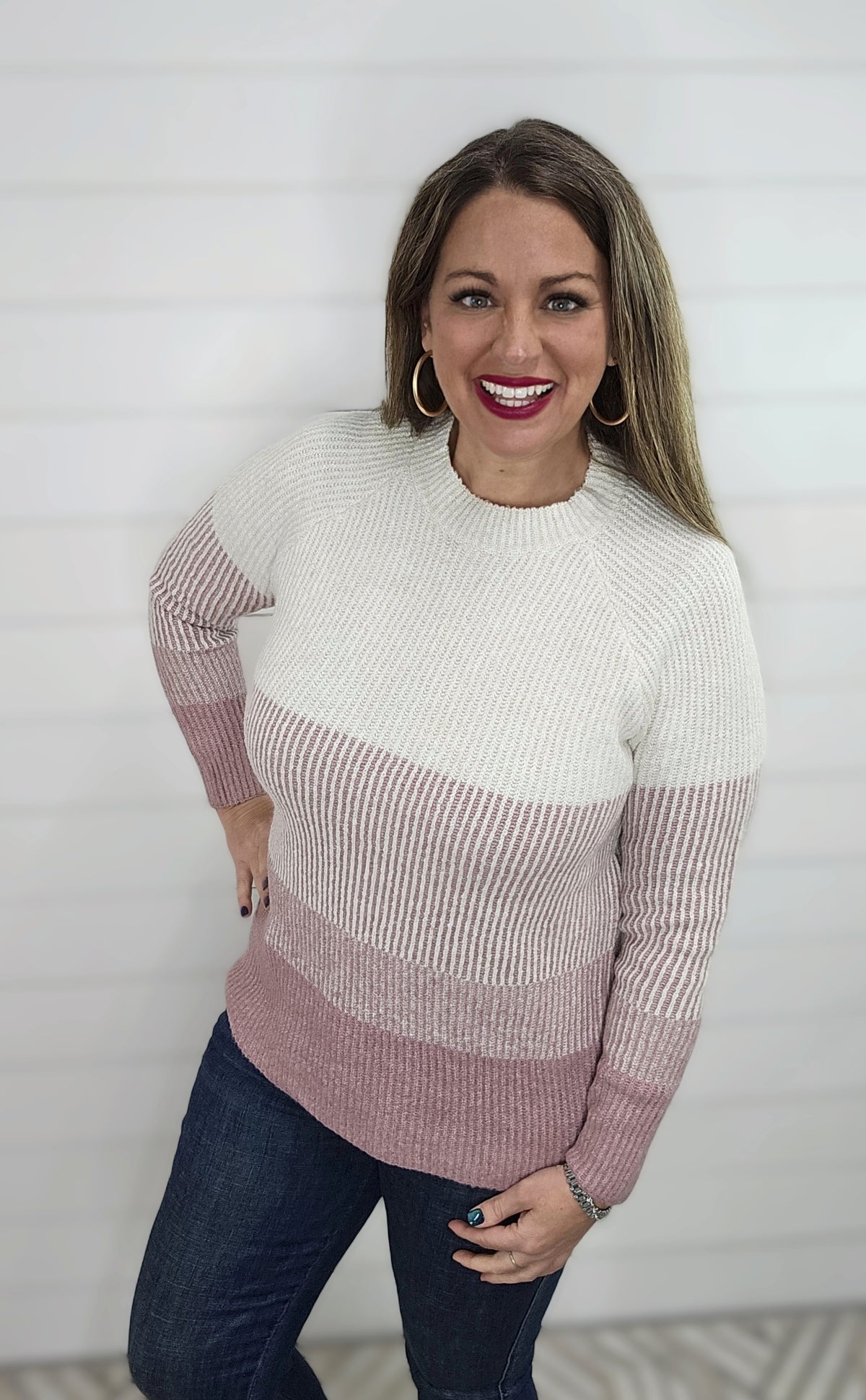 MAUVE/CREAM COLORBLOCK RIBBED SUPER SOFT PULLOVER SWEATER