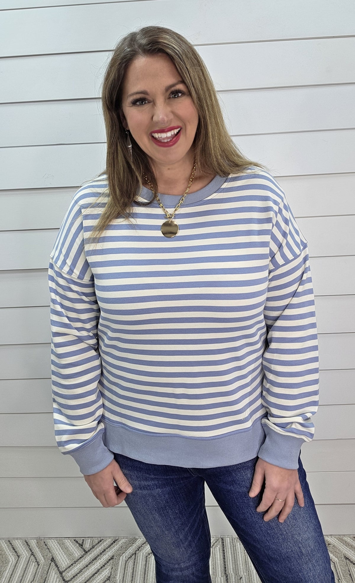 SKY BLUE STRIPED FRENCH TERRY TOP W/ SPLIT SIDES