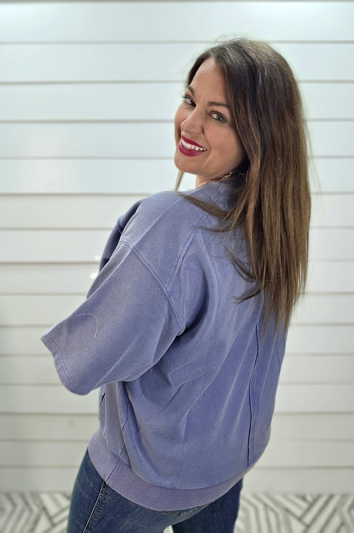 DENIM WASHED HALF SLEEVE FLAG FRENCH TERRY PULLOVER