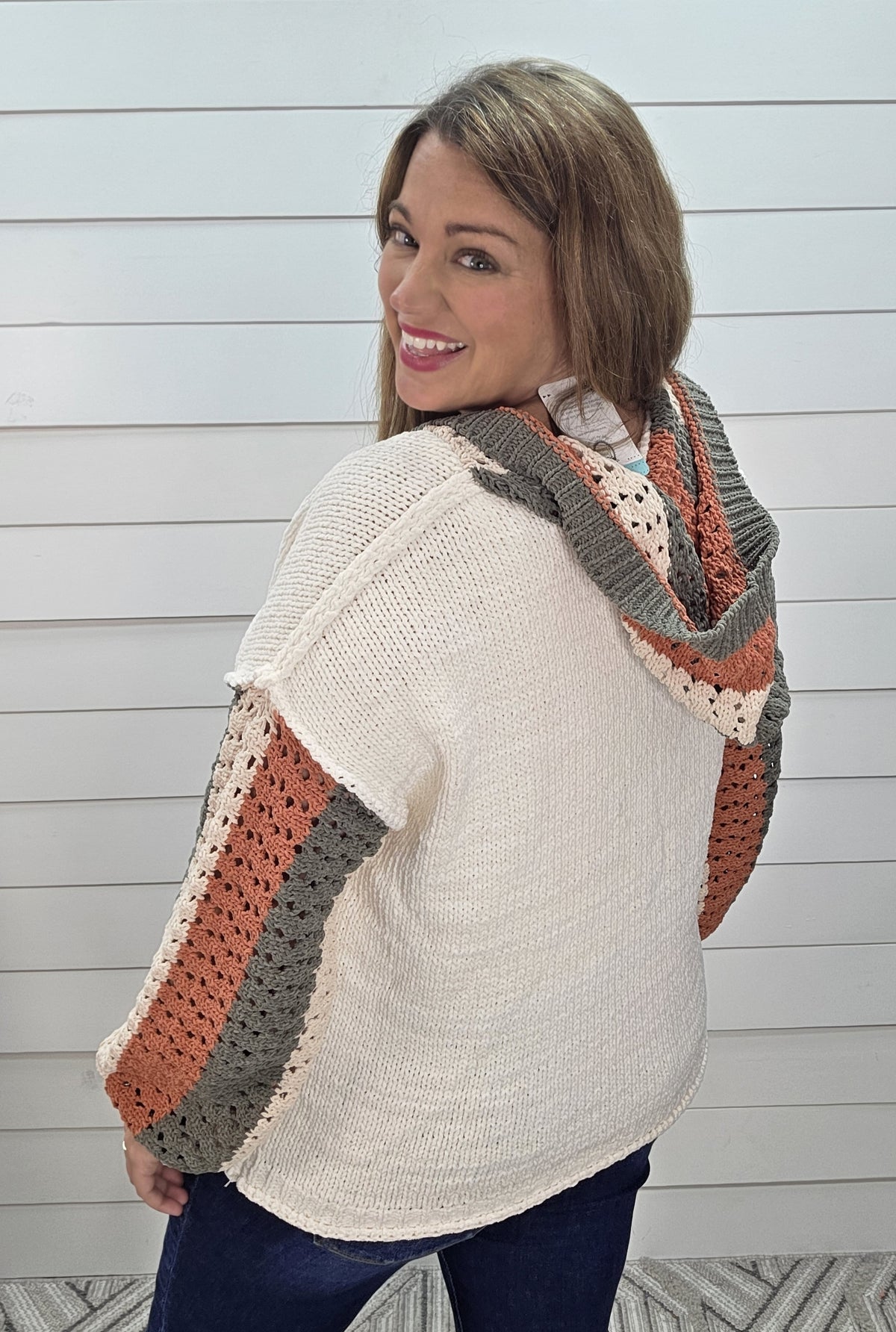 IVORY BUTTON KNIT SWEATER W/ OPEN KNIT COLORBLOCK SLEEVES