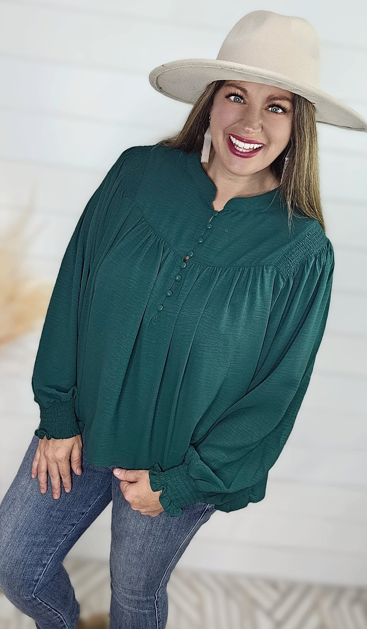 GREEN SMOCKED SHOULDER BUTTON UP WOVEN TOP