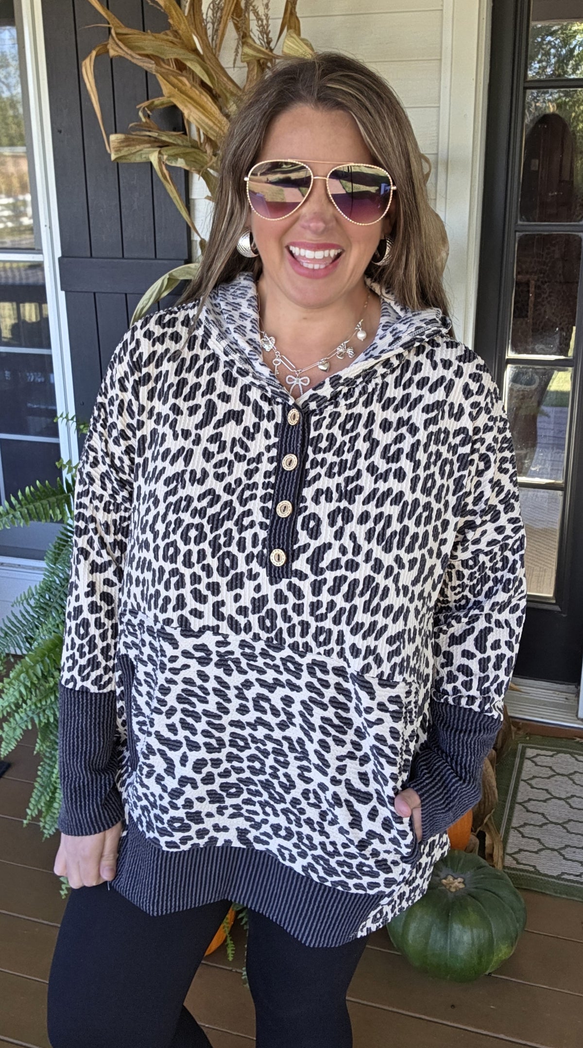 ANIMAL PRINT RAISED RIBBED OVERSIZED HOODIE WITH KANGAROO POCKET