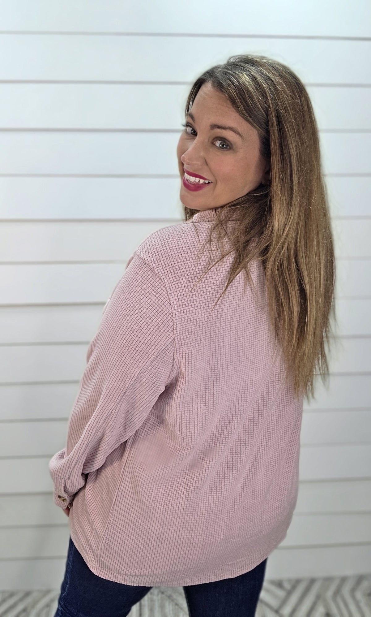 DUSTY PINK RAISED BRUSHED CHECKED TEXTURE BUTTON DOWN KNIT TOP