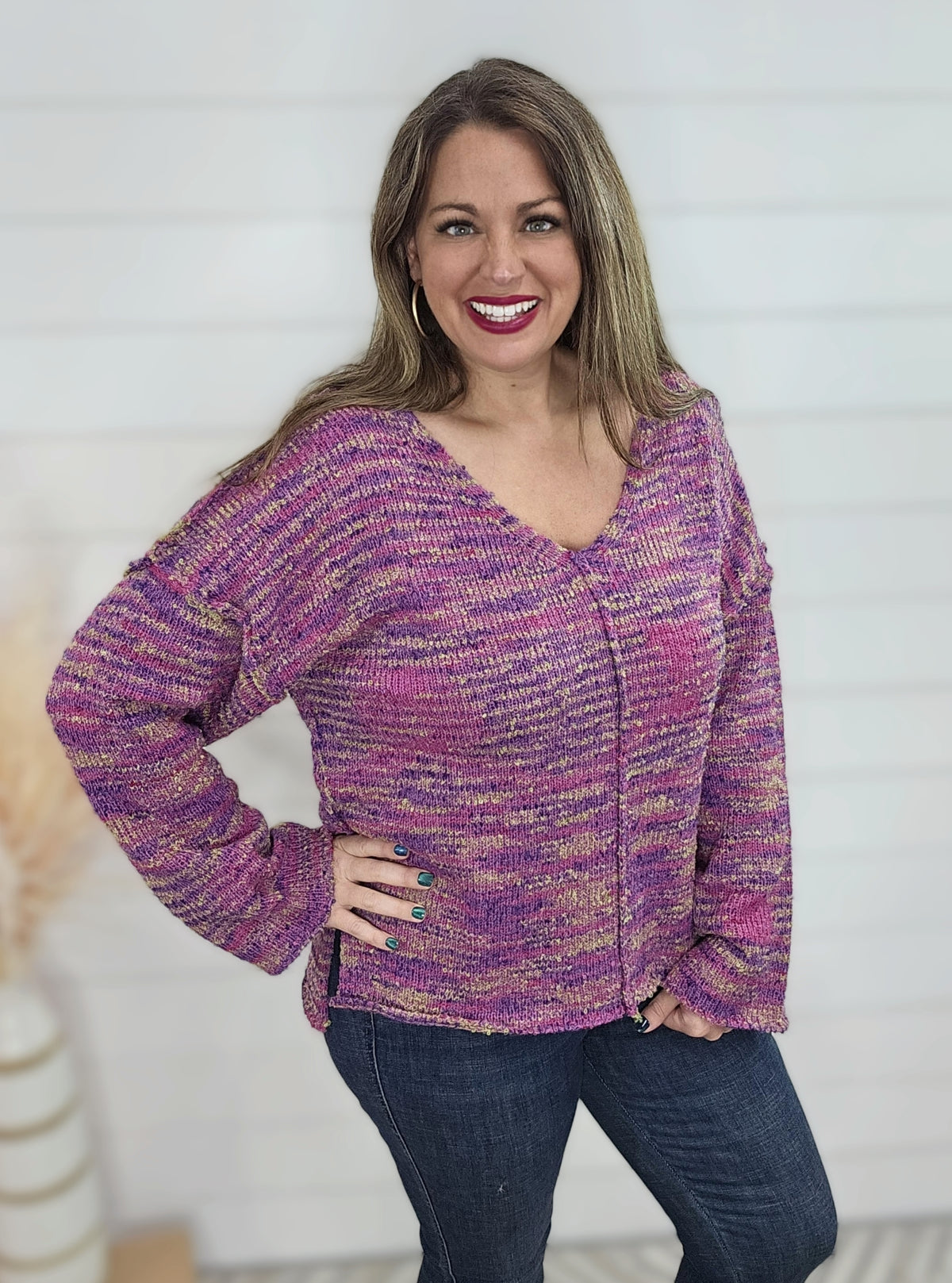 PINK MIX KNIT V NECK CENTER SEAM SWEATER