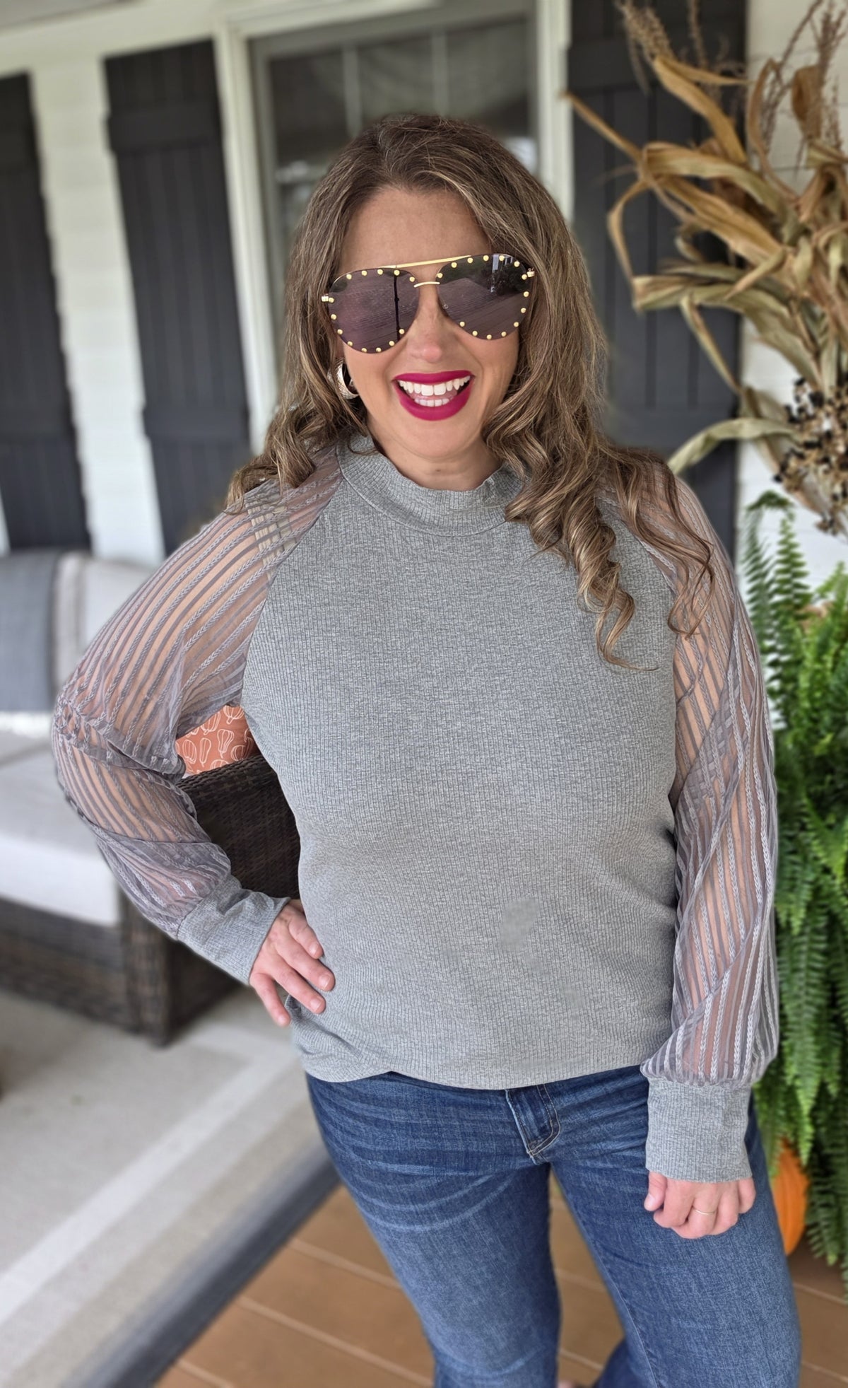 GREY RIBBED KNIT/ STRIPED MESH SLEEVE TOP