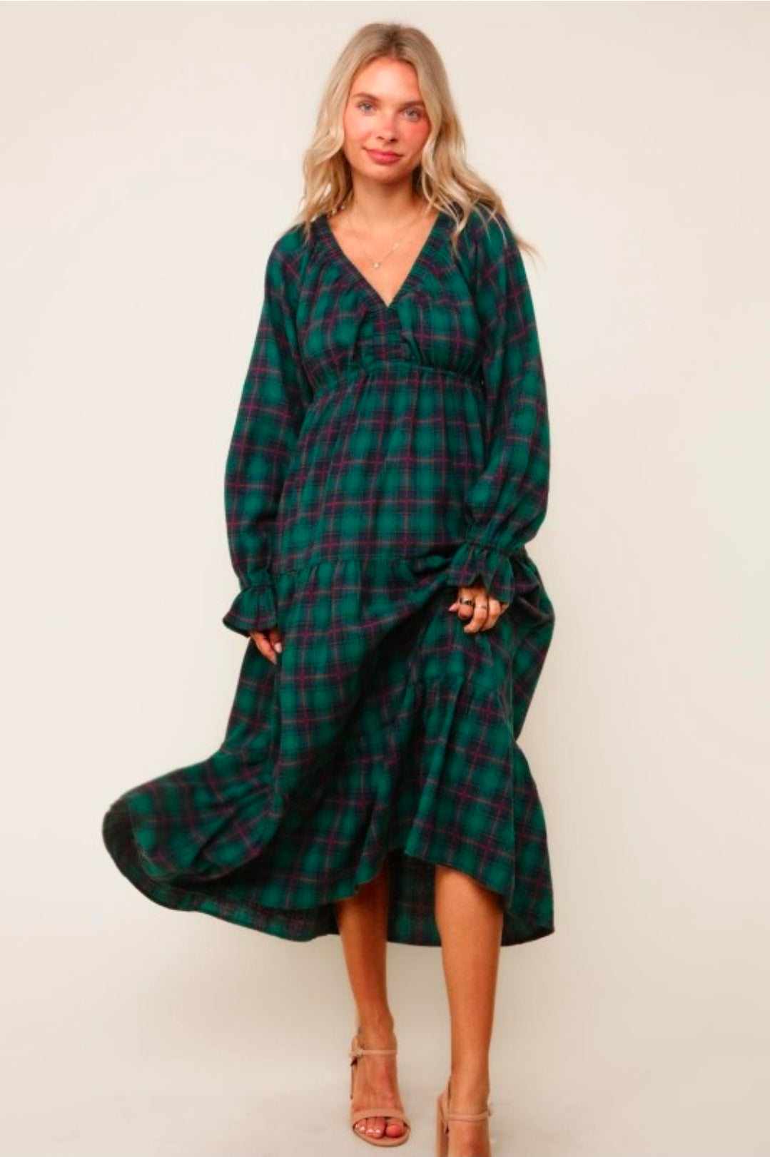 HUNTER GREEN PLAID V NECK LONG DRESS