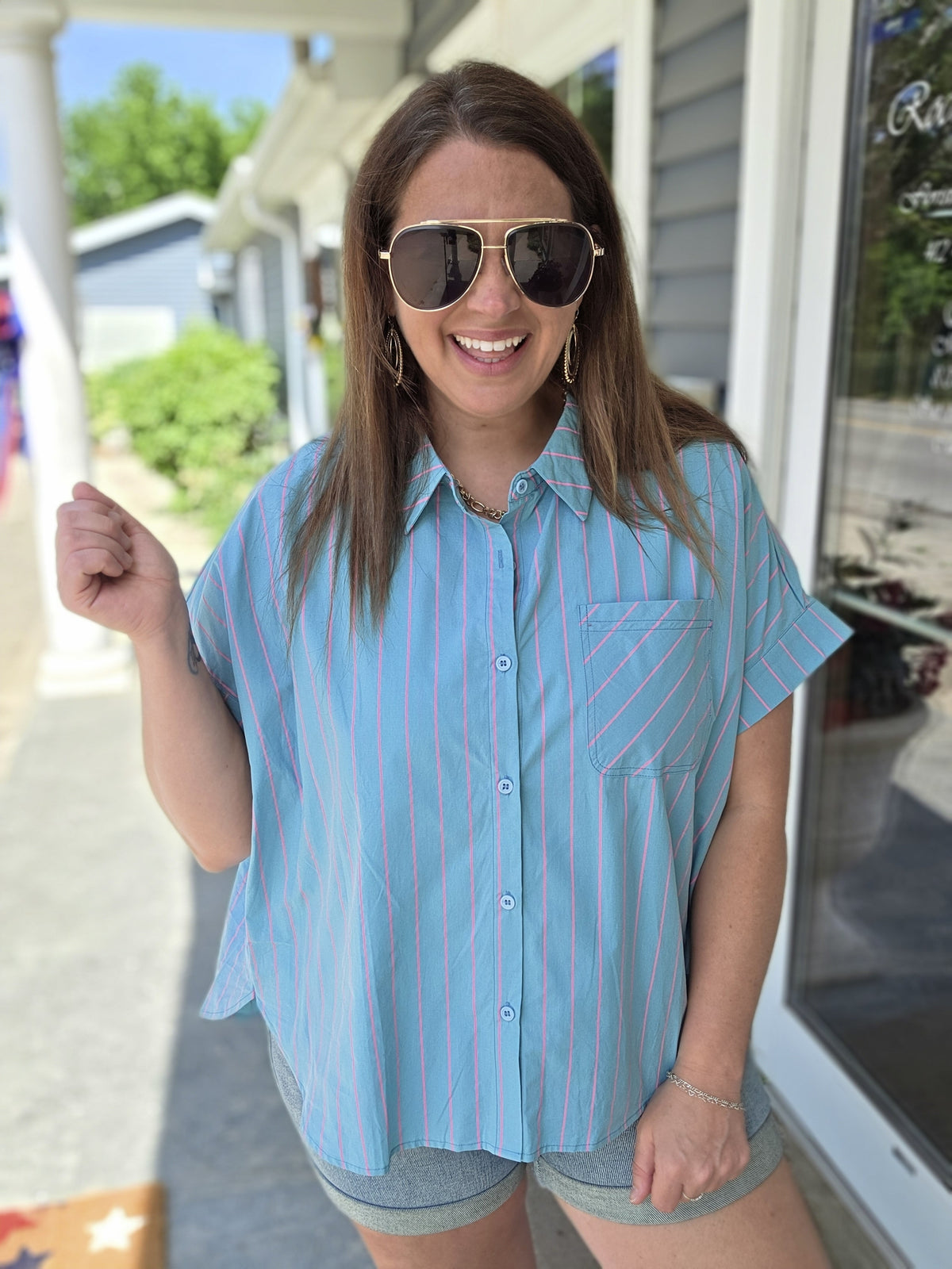 MINT/HOT PINK STRIPED BUTTON DOWN OVERSIZED TOP