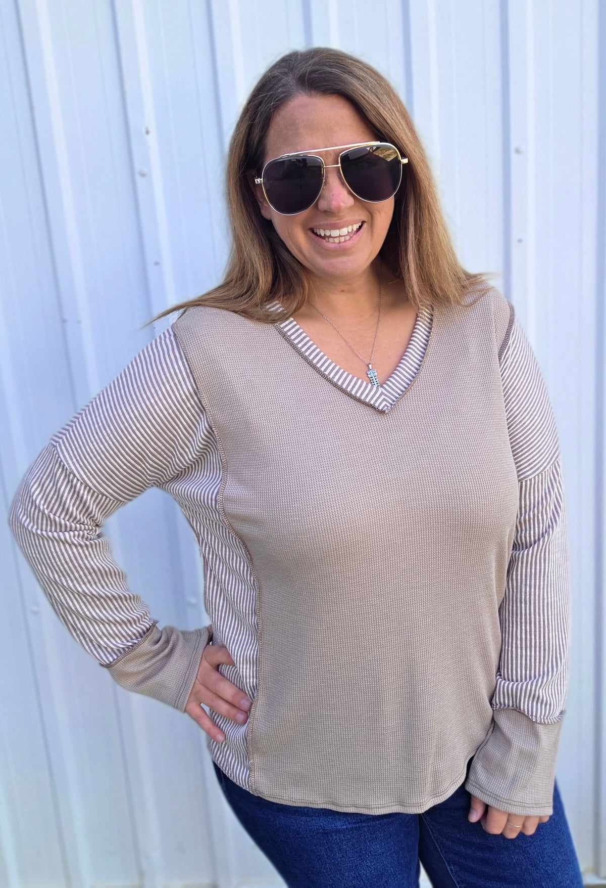 Taupe Waffle Contrast V Neck Knit Top