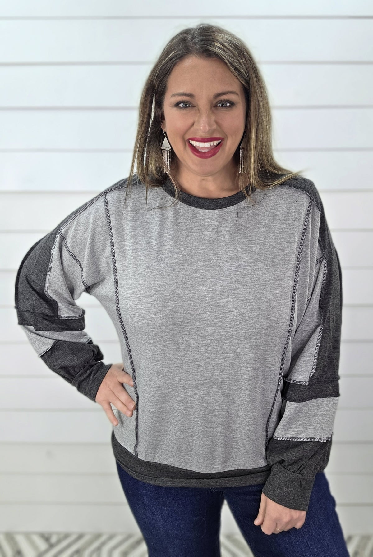 H GREY/CHARCOAL/PLAID CONTRAST KNIT TOP