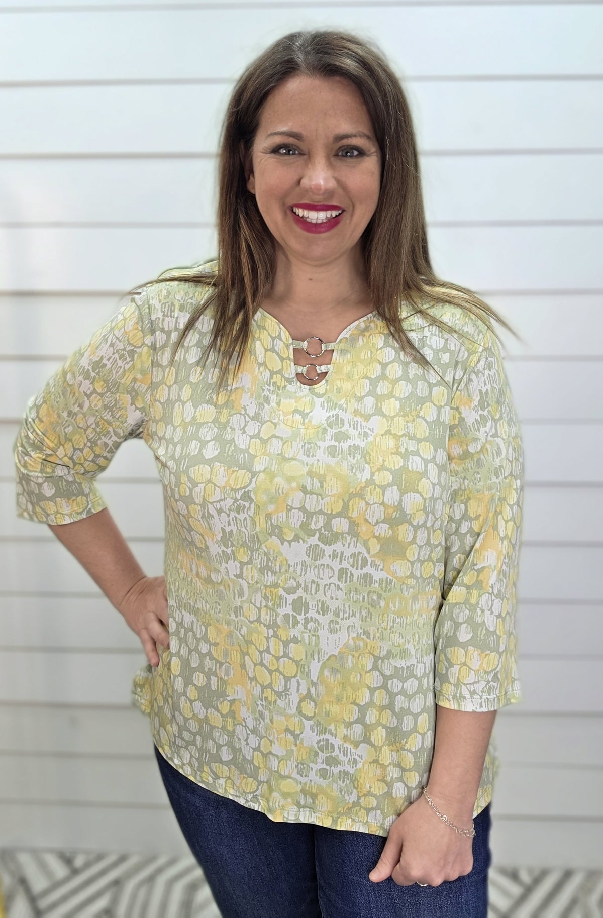 YELLOW/GREEN DOT PATTERN KNIT TOP W/ RING ACCENT NECKLINE