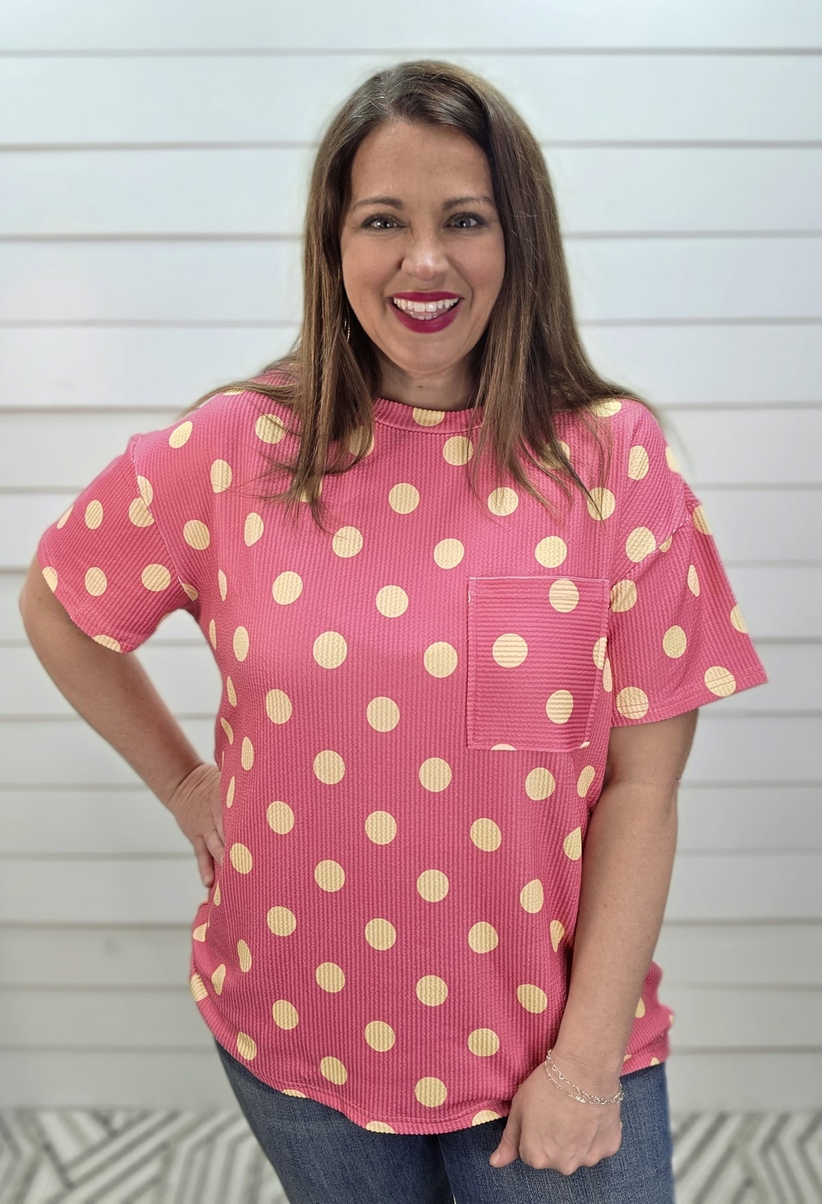 PINK/YELLOW RAISED RIBBED POLKADOT TOP W/ POCKET DETAIL