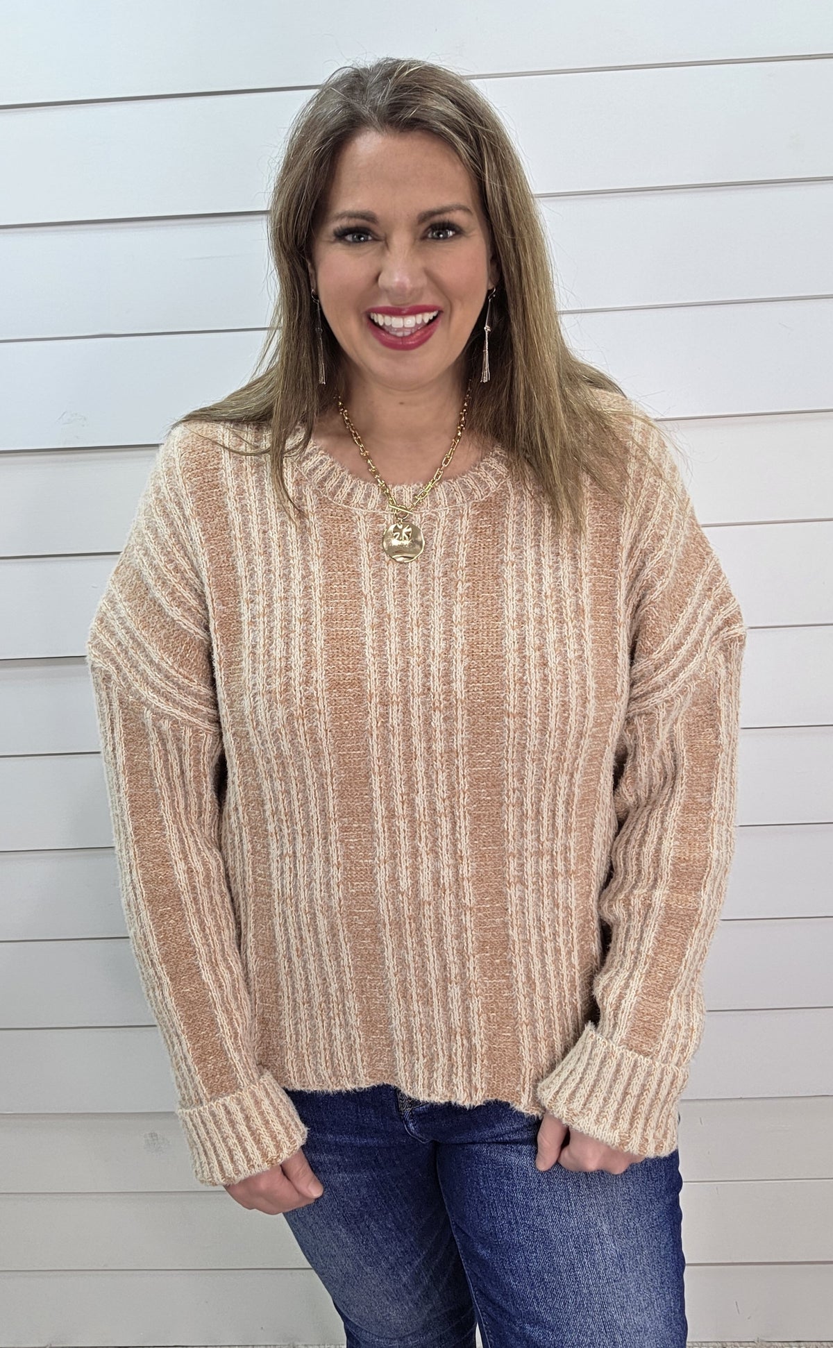 MOCHA FUZZY KNIT TEXTURED PULLOVER SWEATER