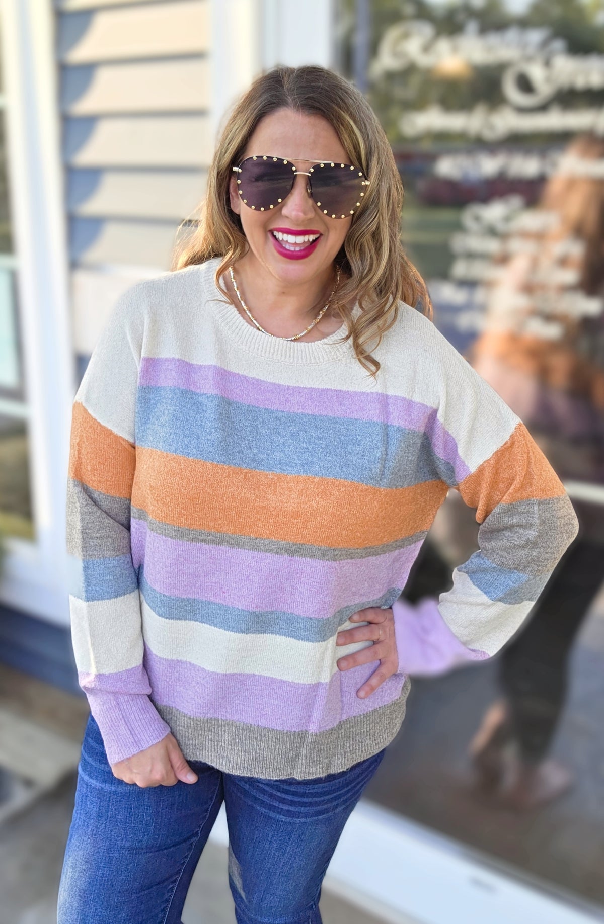 LAVENEDER/ORANGE STRIPED COLORBLOCK KNIT SWEATER