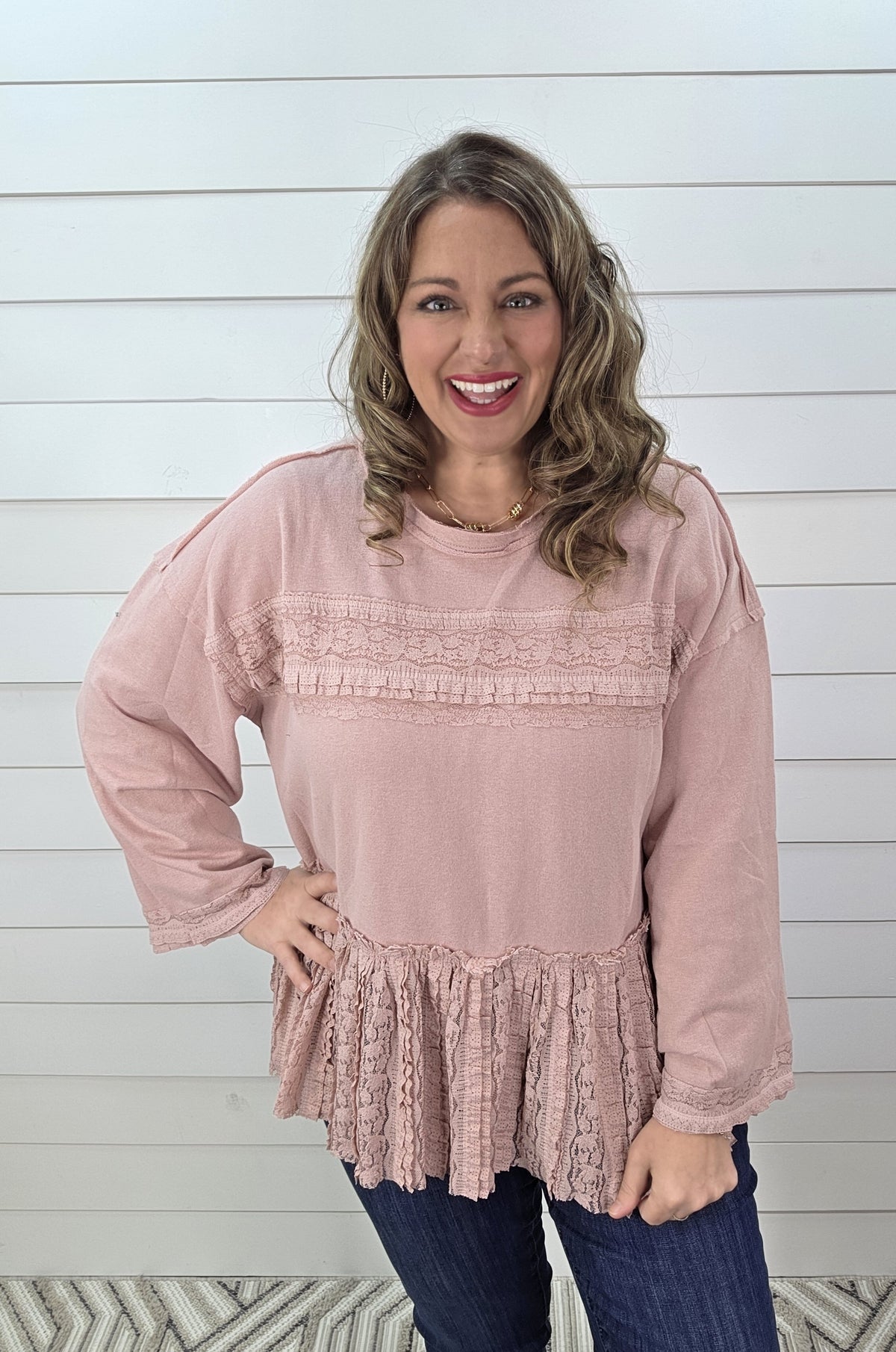 DUSTY ROSE LACE TRIM FRILL FRENCH TERRY TOP