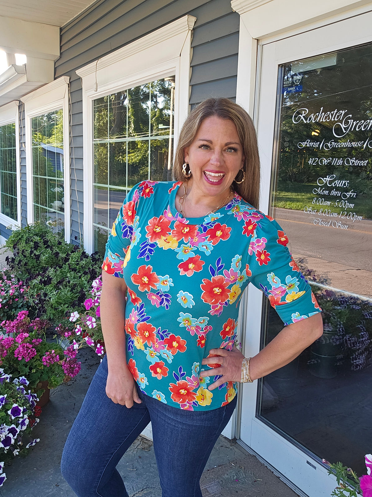 TEAL FLORAL PRINT SHIRRING DETAIL BUTTER SOFT TOP