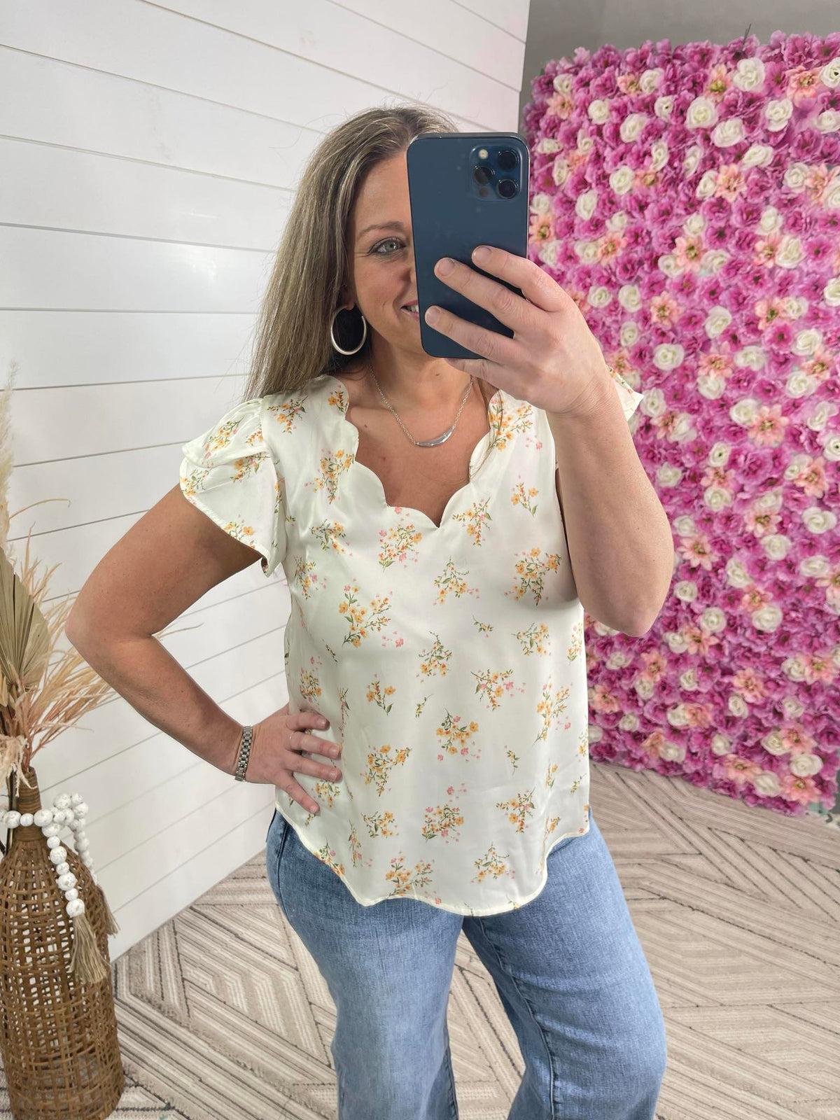 IVORY FLORAL SILKY SCALLOPED NECKLINE BLOUSE