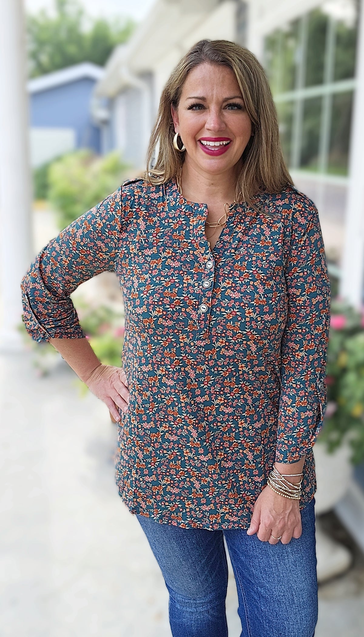 DEAR SCARLETT HUNTER GREEN/RUST FLORAL LUXE LIZZY TOP