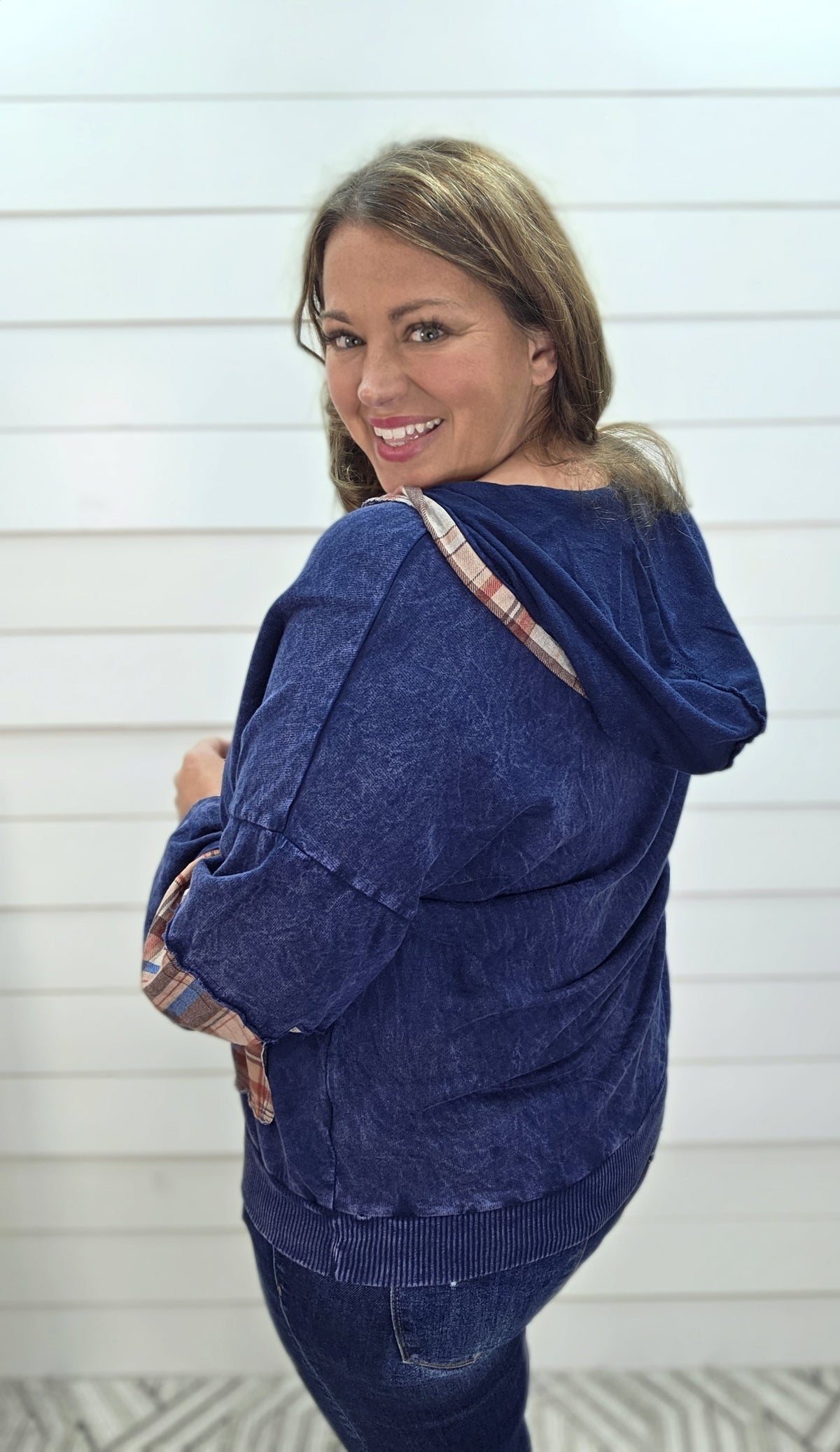 Navy Mineral Wash Plaid Kangaroo Pocket Hoodie