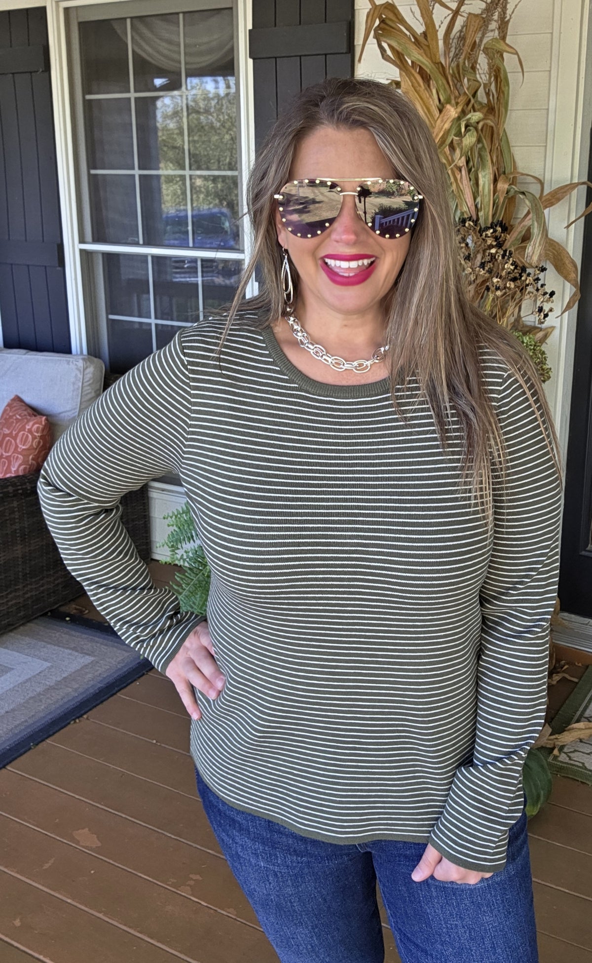 DARK OLIVE PINSTRIPE PULLOVER SWEATER