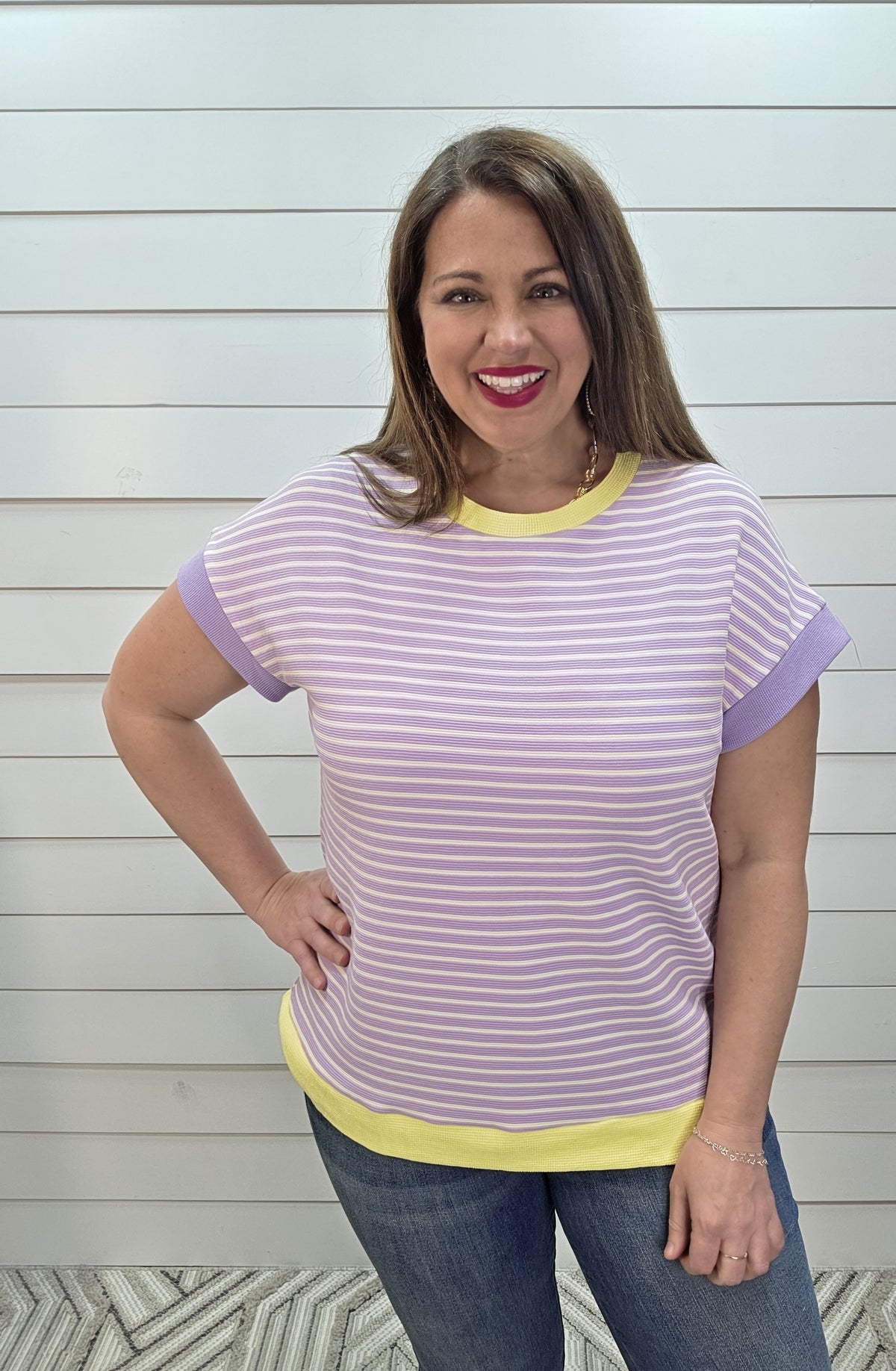 PURPLE STRIPED KNT TOP W/ YELLOW TRIM