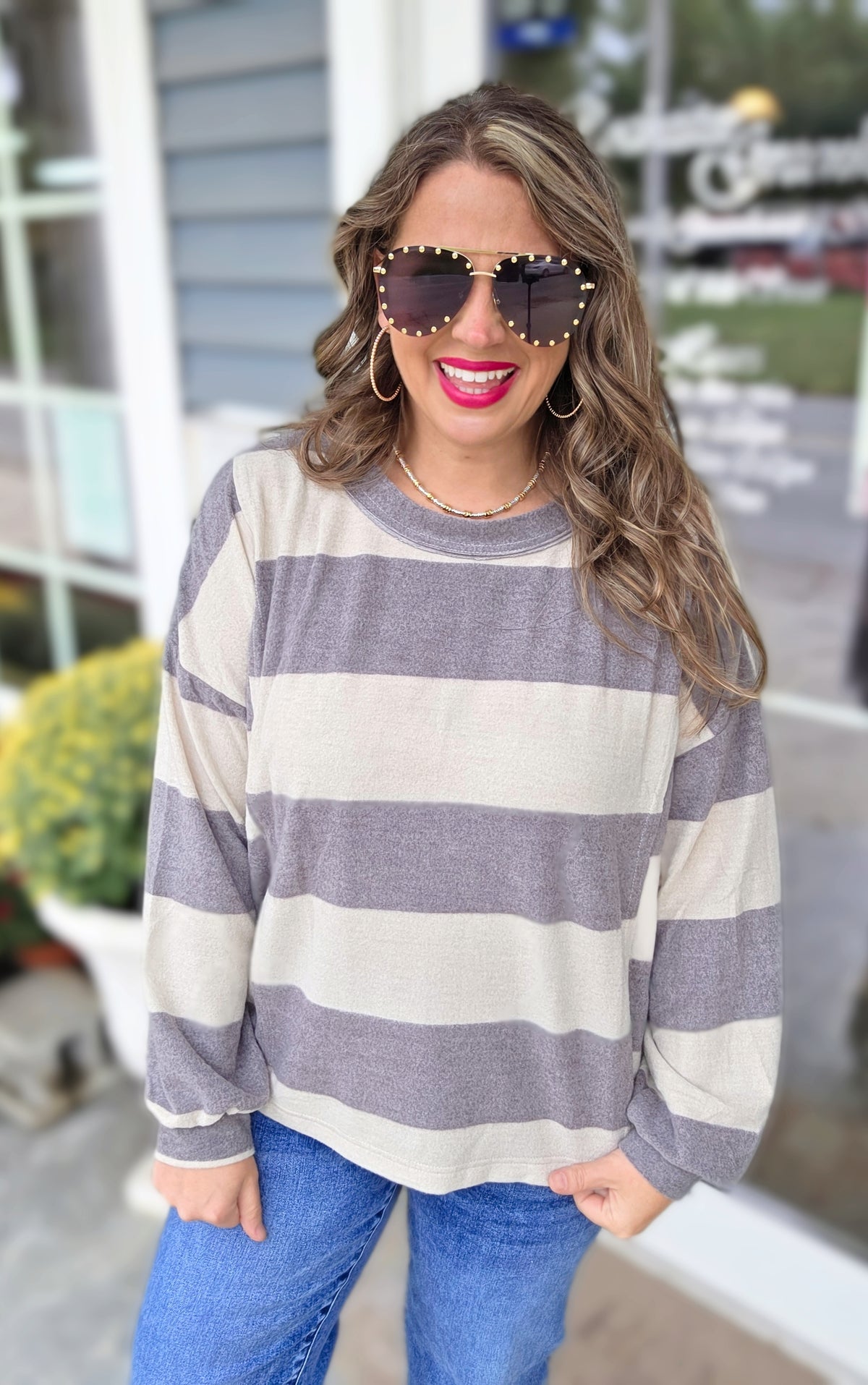 TAUPE/OATMEAL WIDE STRIPE BRISHED KNIT TOP