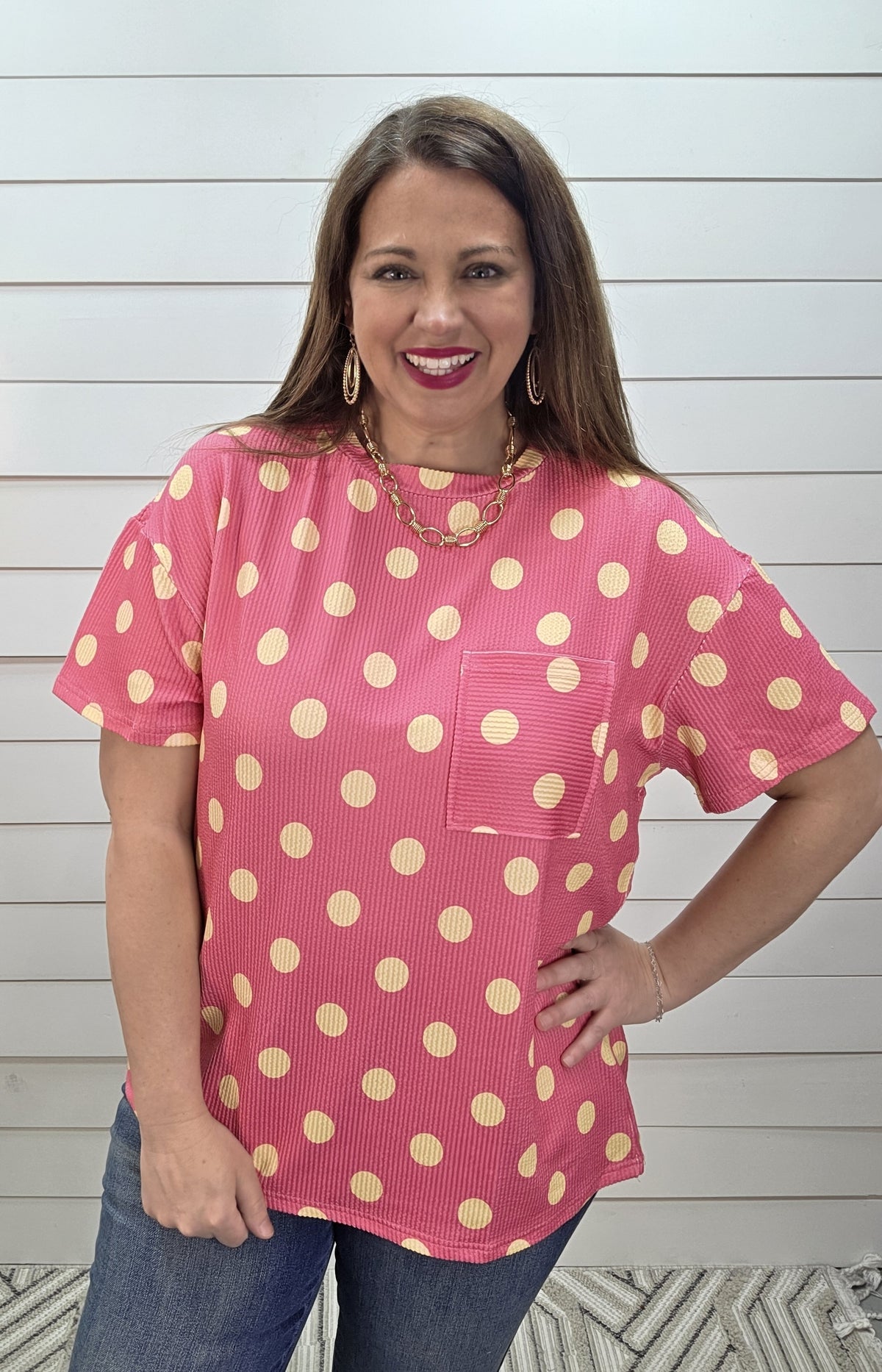 PINK/YELLOW RAISED RIBBED POLKADOT TOP W/ POCKET DETAIL