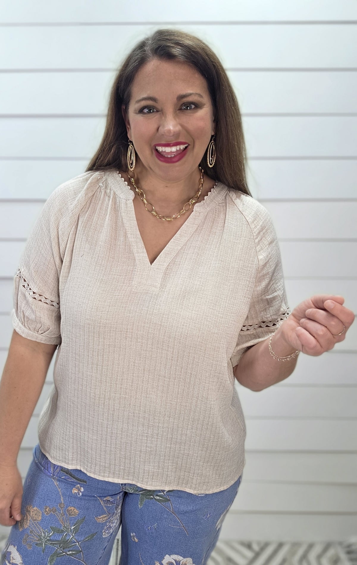 OATMEAL RICRAC TRIM V NECK WOVEN LINEN BLEND TOP