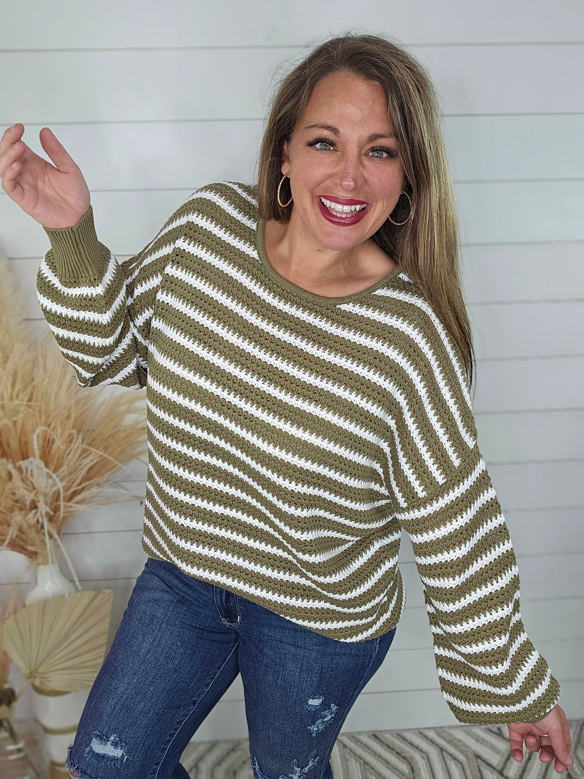 OLIVE STRIPED COTTON SWEATER