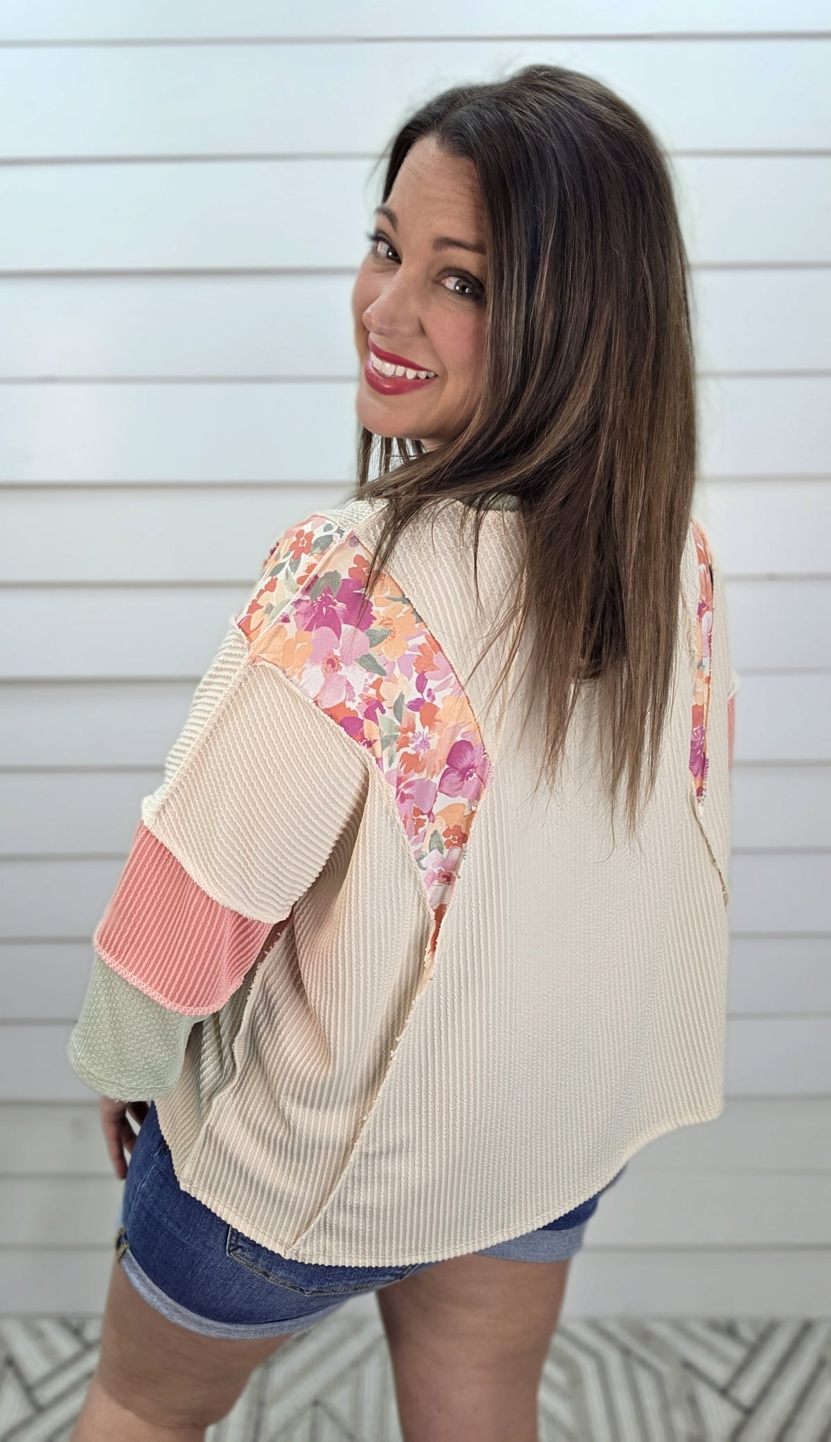 OATMEAL/CORAL/SAGE RAISED RIBBED COLORBLOCK SLEEVE LOOSE FIT TOP