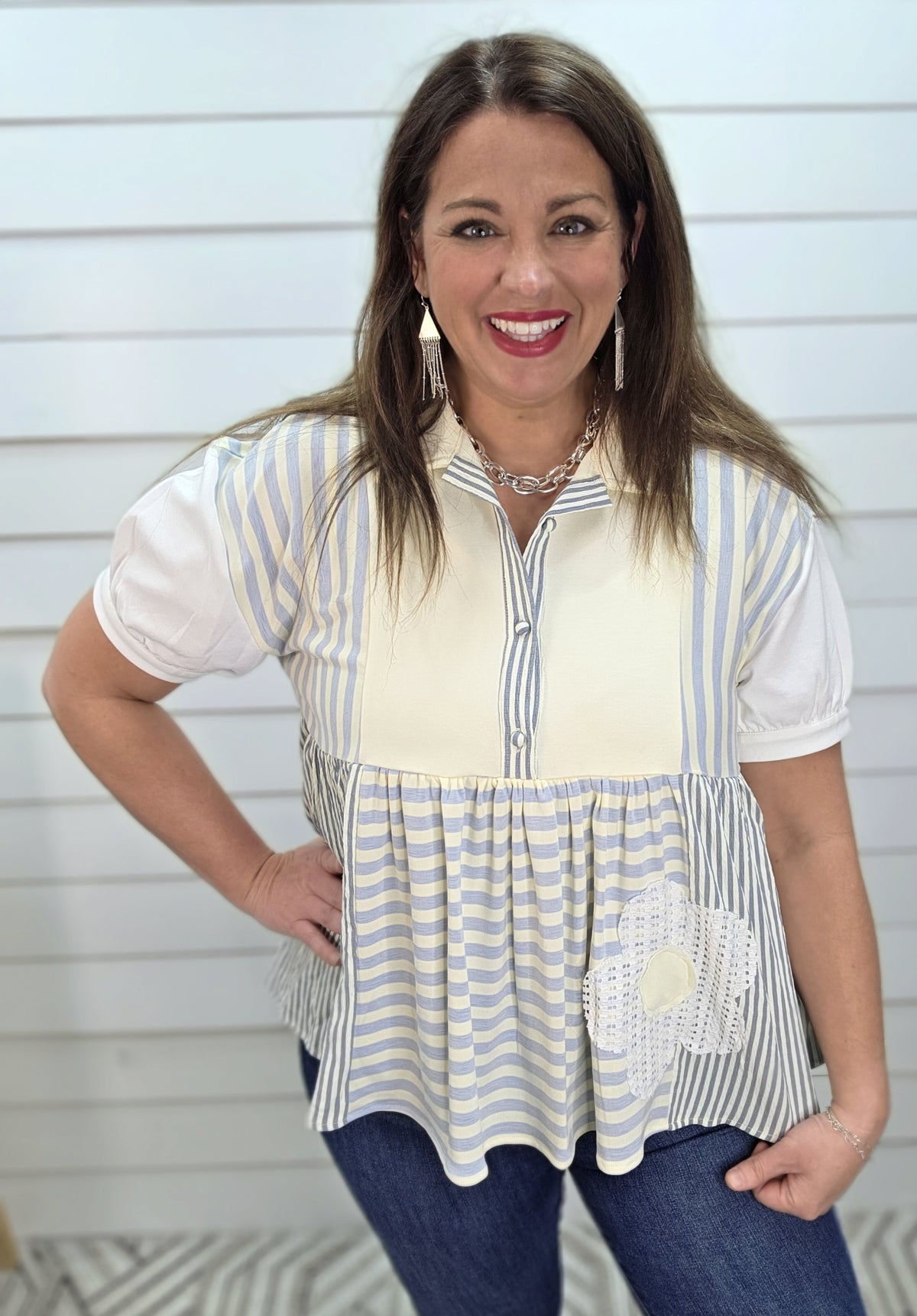 SKY BLUE CONTRAST STRIPED HALF BUTTON LAY DOWN COLLAR FLORAL TRIM TOP