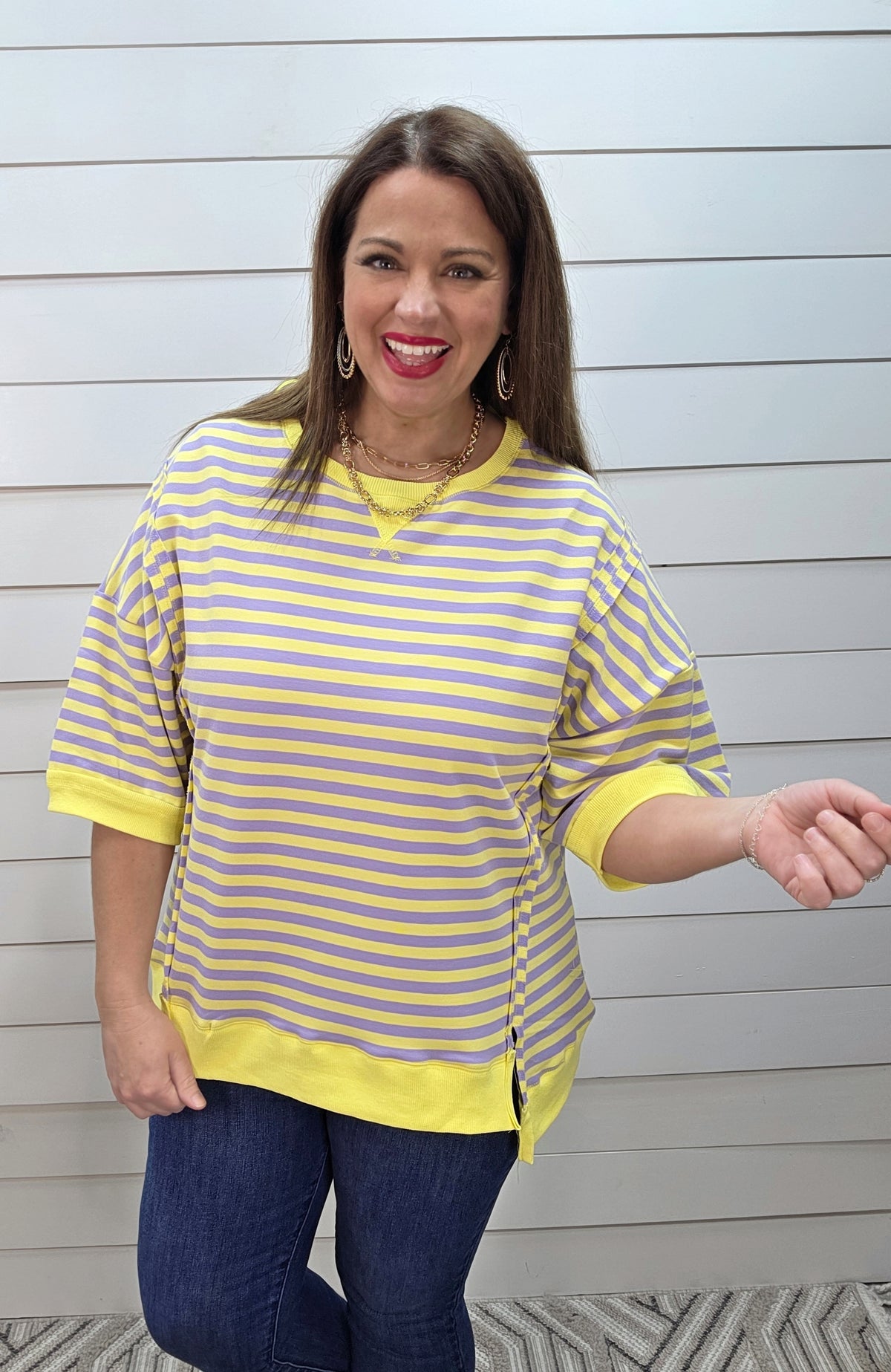 YELLOW/LAVENDER STRIPED FRENCH TERRY TOP