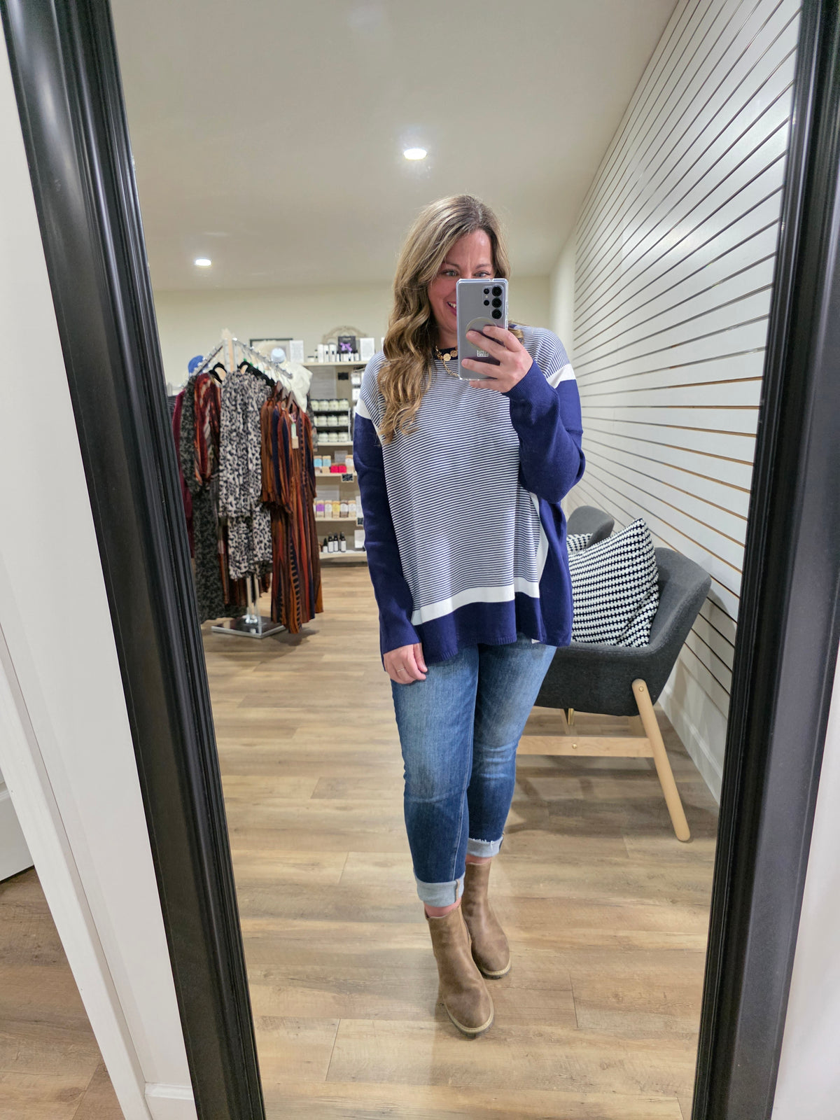 BLUE STRIPED/COLORBLOCK DOLMAN TUNIC SWEATER