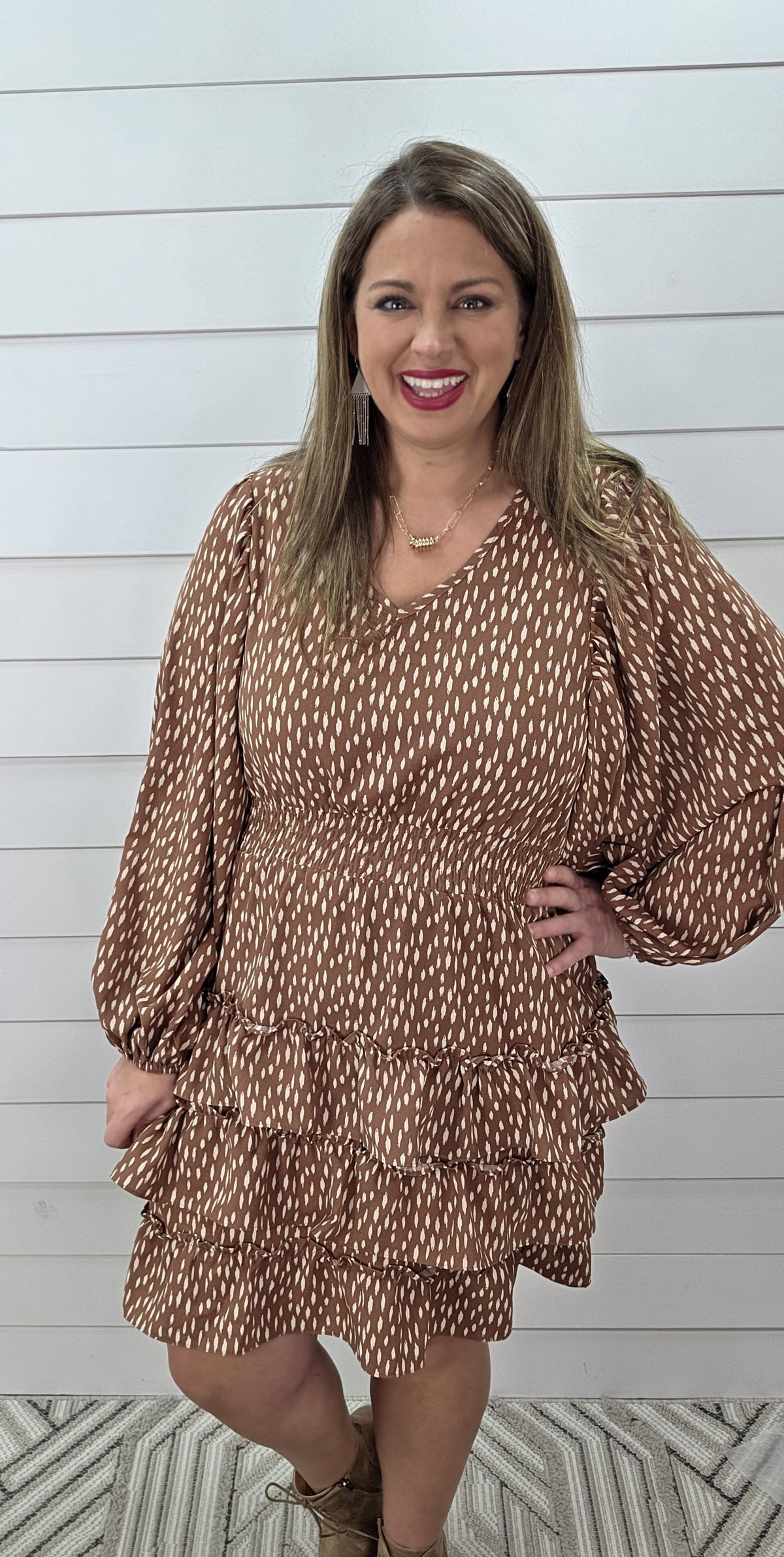 TERRACOTTA PRINTED ELASTIC WAIST RUFFLE TEIRED HEM DRESS