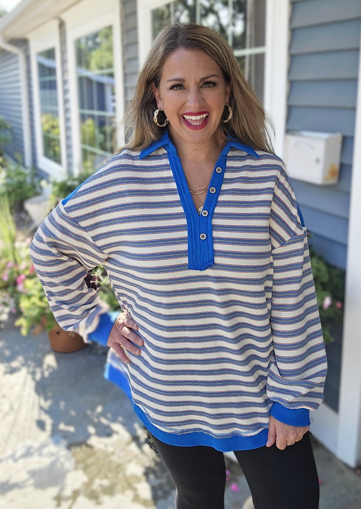 BLUE STRIPED V NECK COLLARED TOP