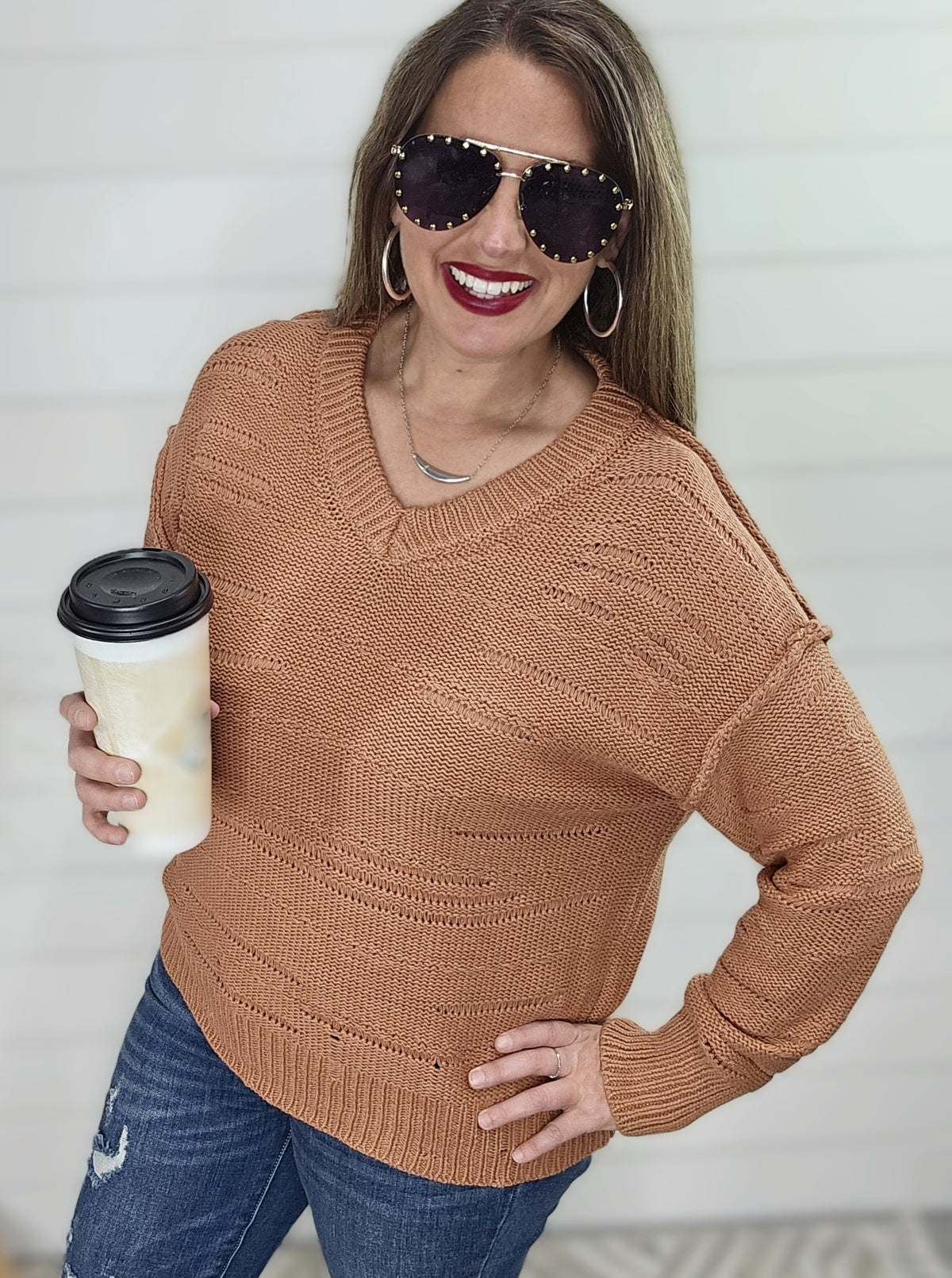 TERRA COTTA DISTRESSED DETAIL V NECK SWEATER