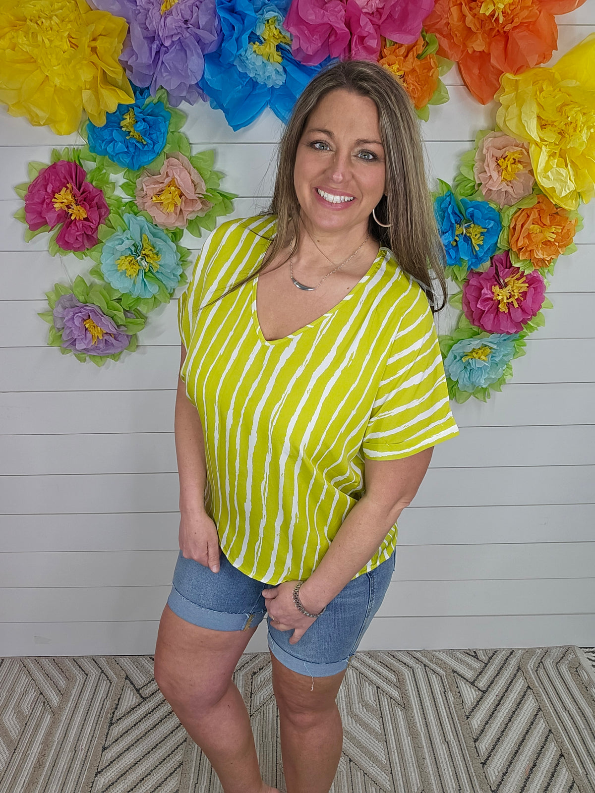 LIME VERTICAL STRIPE V NECK WOVEN TOP