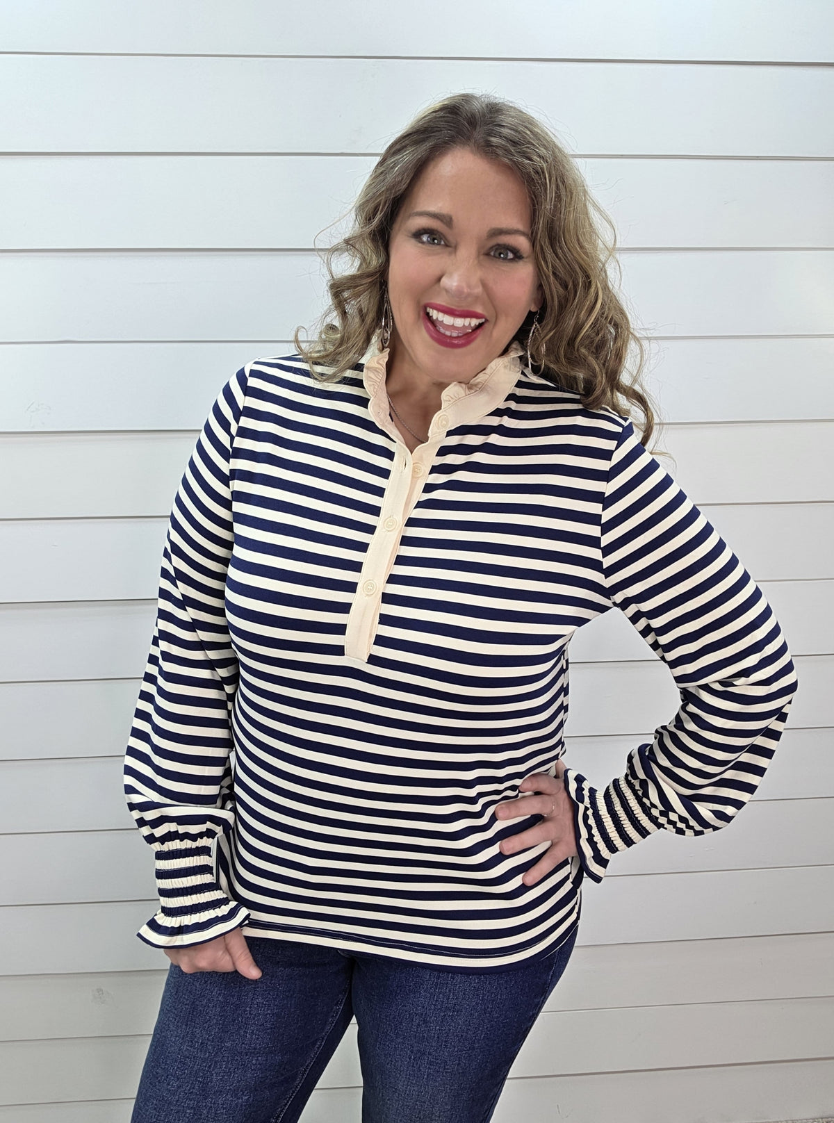 NAVY STRIPED HIGH RUFFLE NECKLINE WITH SMOCKED SLEEVES KNIT TOP