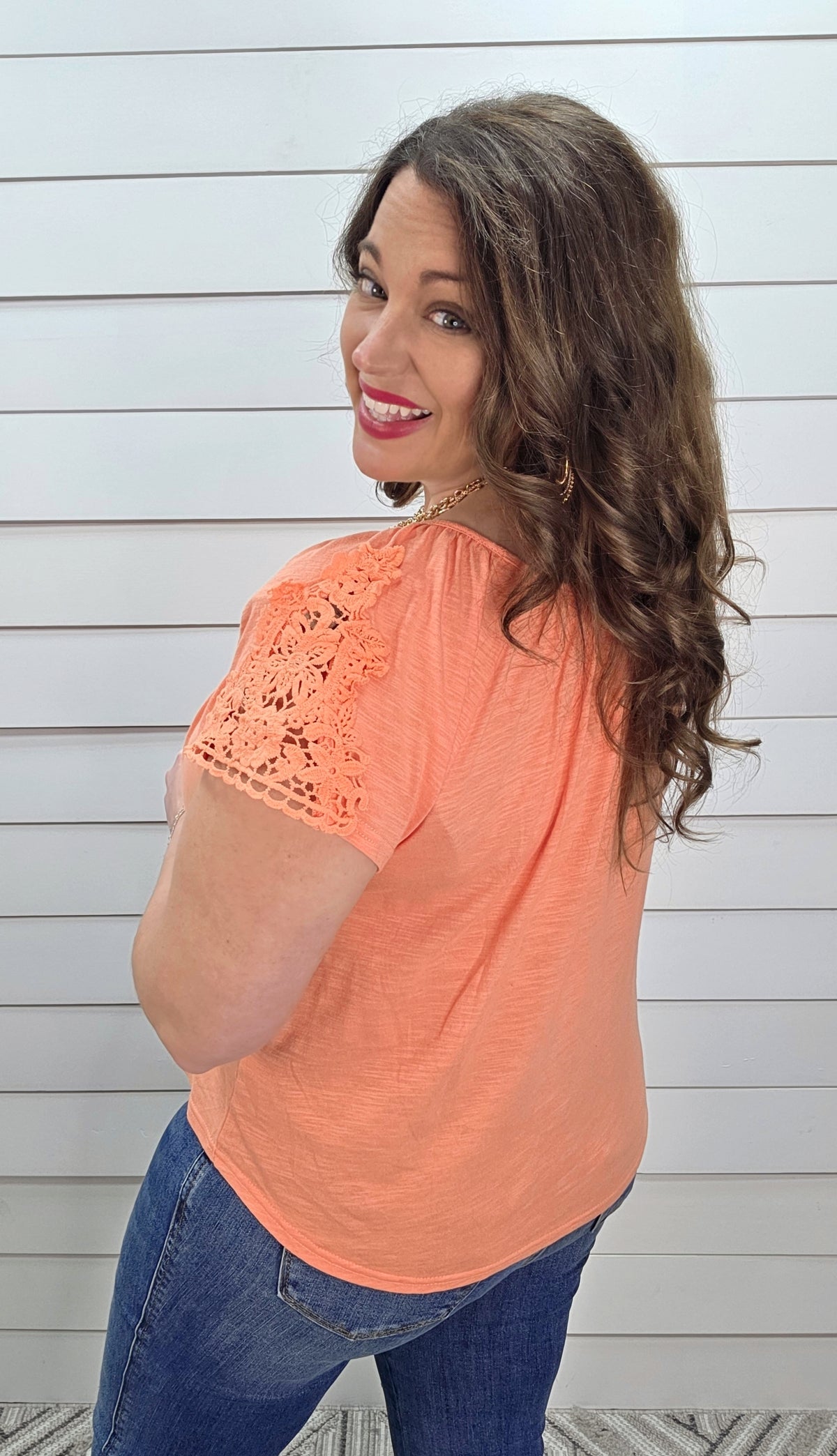 ORANGE COTTON SLUB TOP W/ LACE SLEEVES AND FAUX BUTTONS