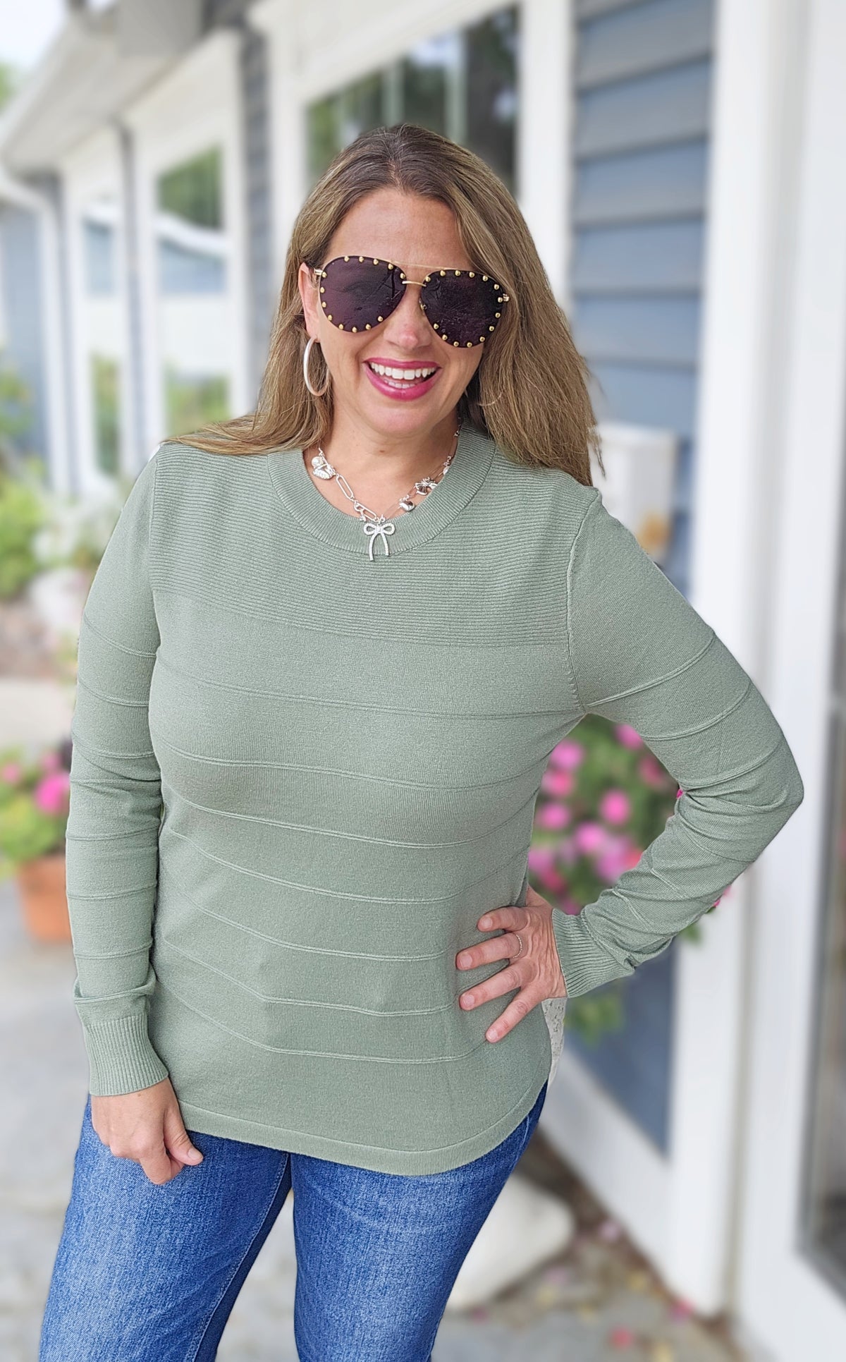 DARK SAGE PINTUCKED SUPER SOFT LIGHT WEIGHT SWEATER