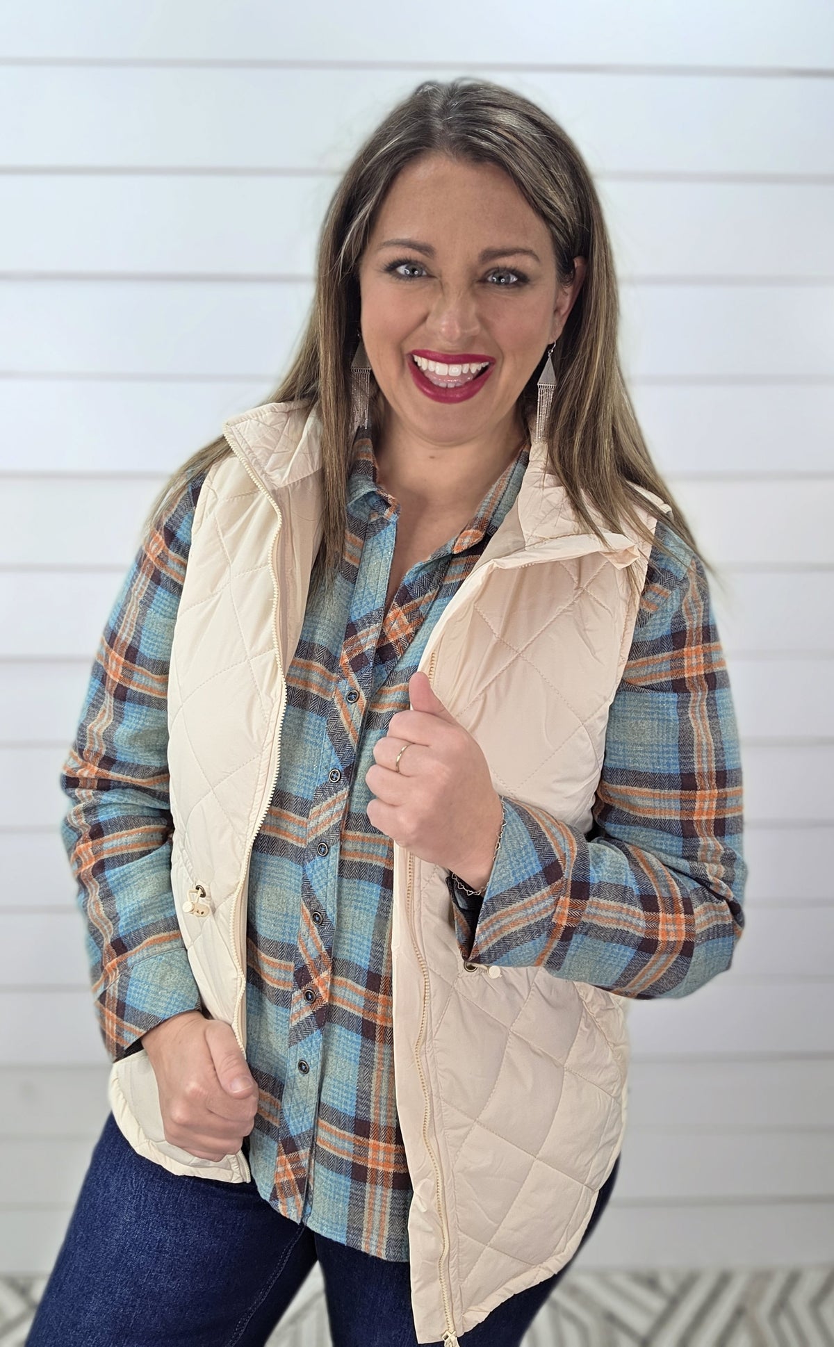 KAREN HART CREAM QUILTED CINCH ZIPPER VEST