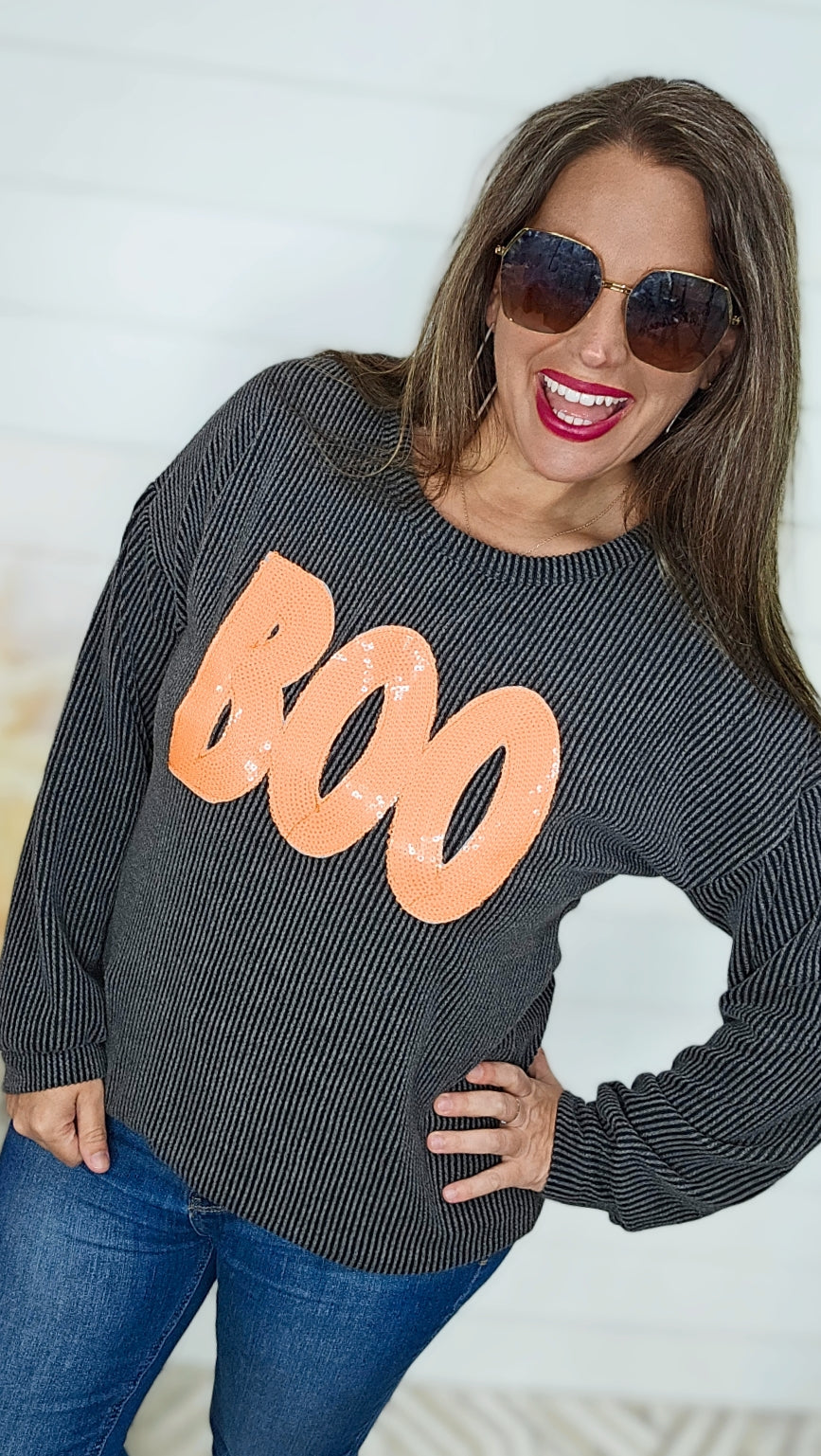 CHARCOAL RAISED RIBBED TOP W/ NEON ORANGE SEQUIN BOO