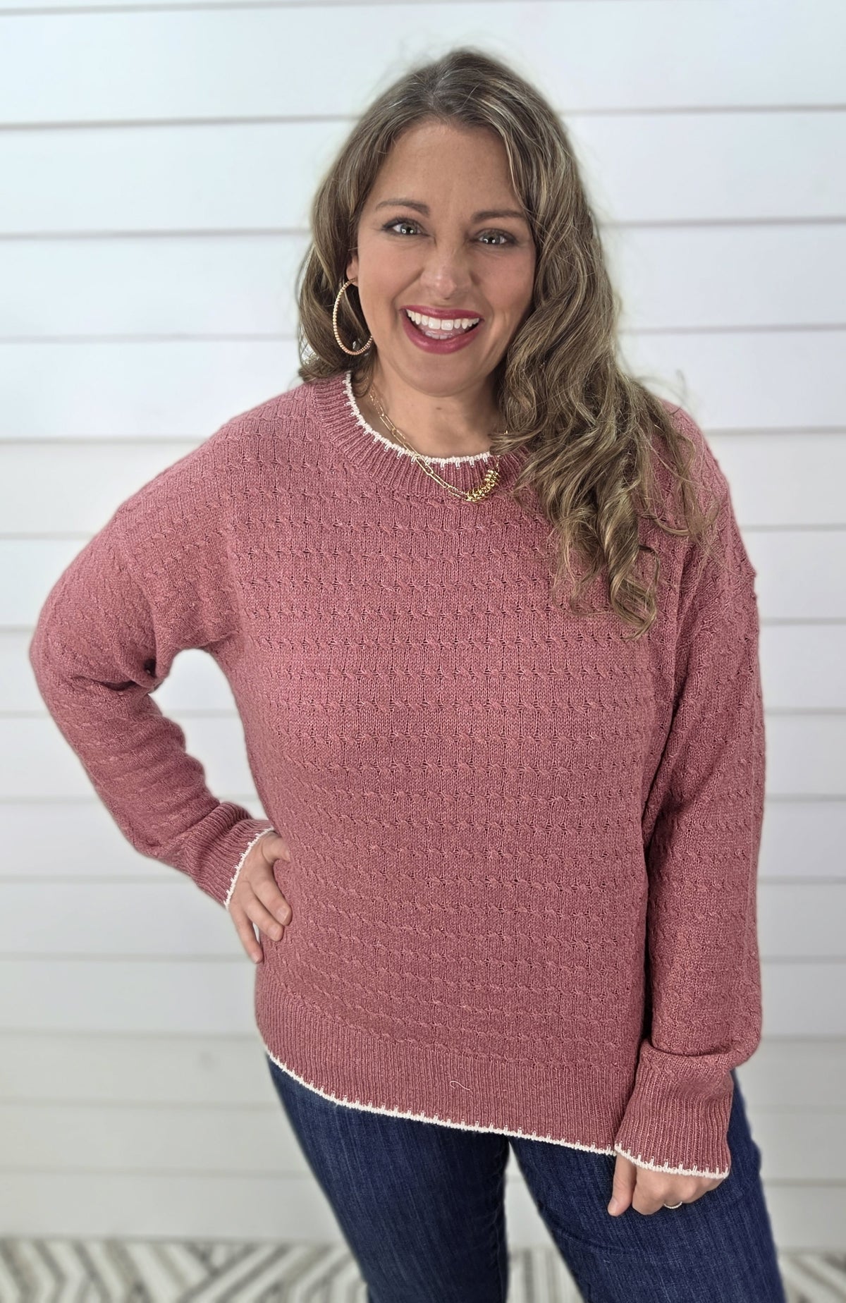 ROSE CABLE KNIT TEXTURED/ COLOR EDGE LIGHT WEIGHT SWEATER