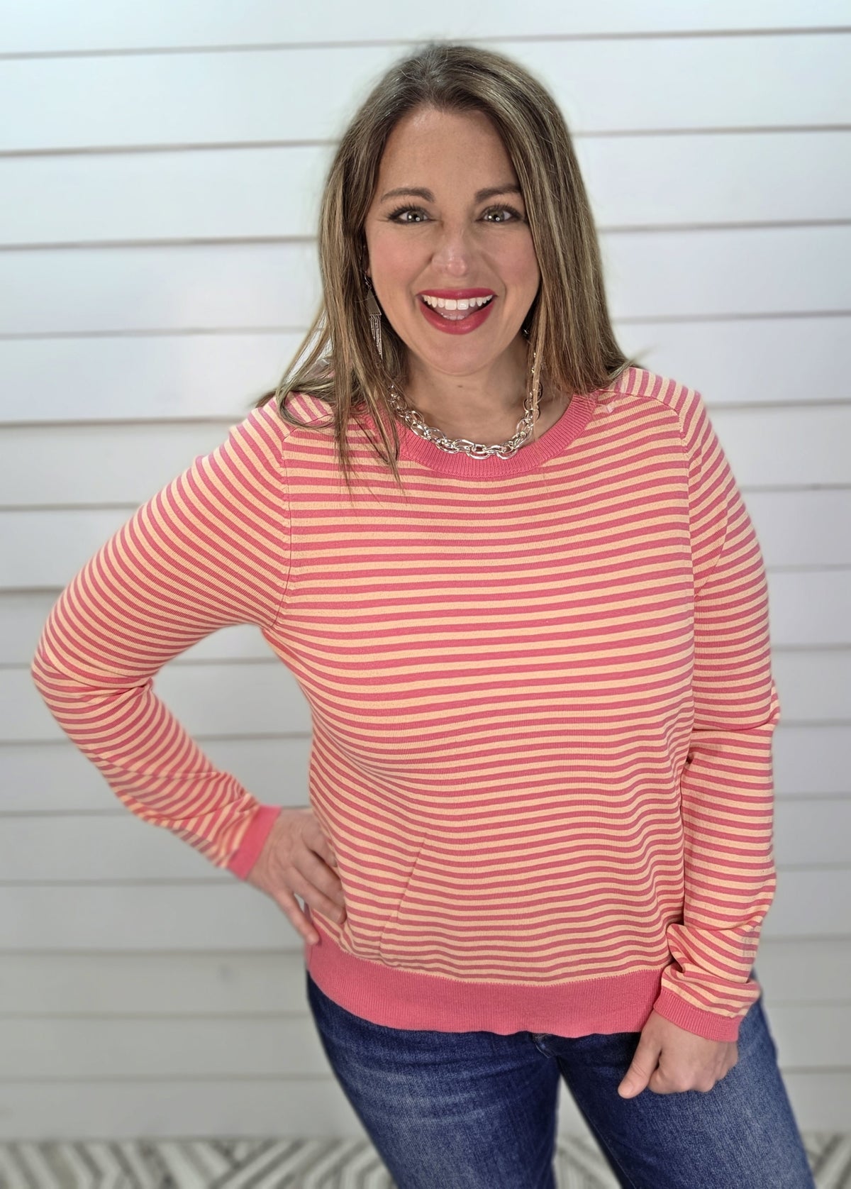 PINK PINSTRIPE KNIT LIGTH WEIGHT PULLOVER SWEATER