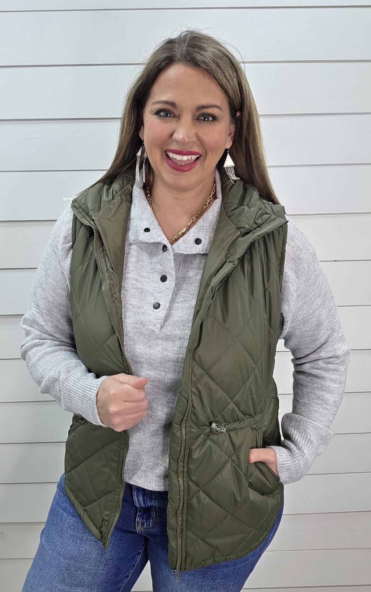 KAREN HART OLIVE QUILTED CINCH ZIPPER VEST