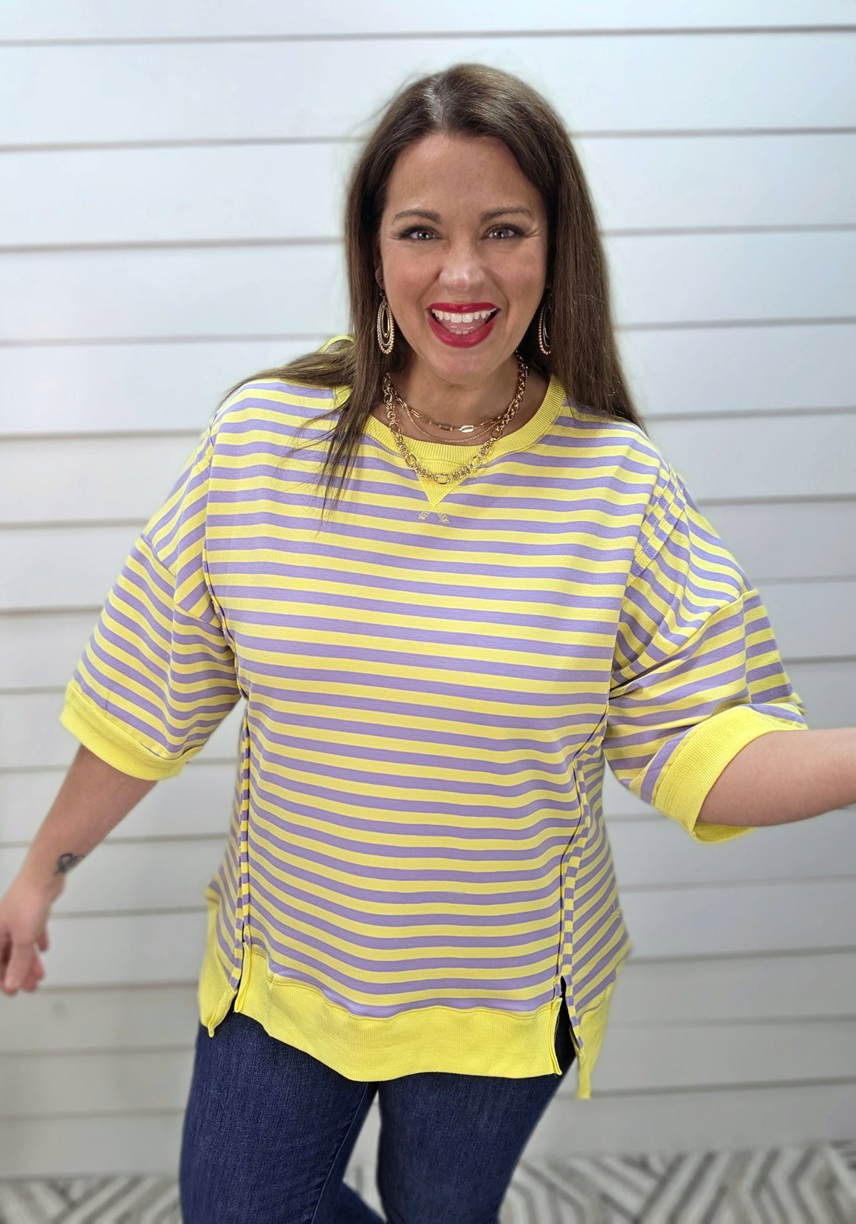 YELLOW/LAVENDER STRIPED FRENCH TERRY TOP