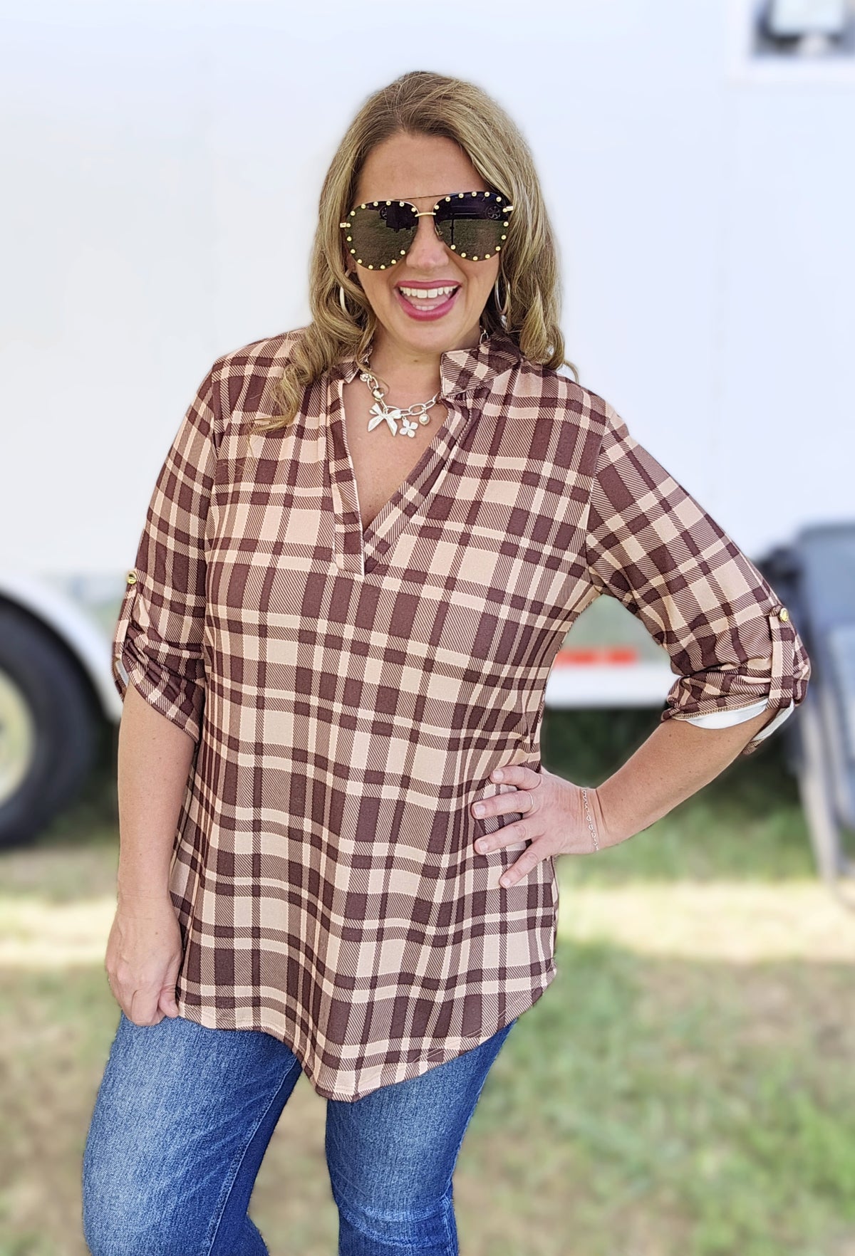 BROWN CHECK PLAID 3/4 SLEEVE KNIT TOP